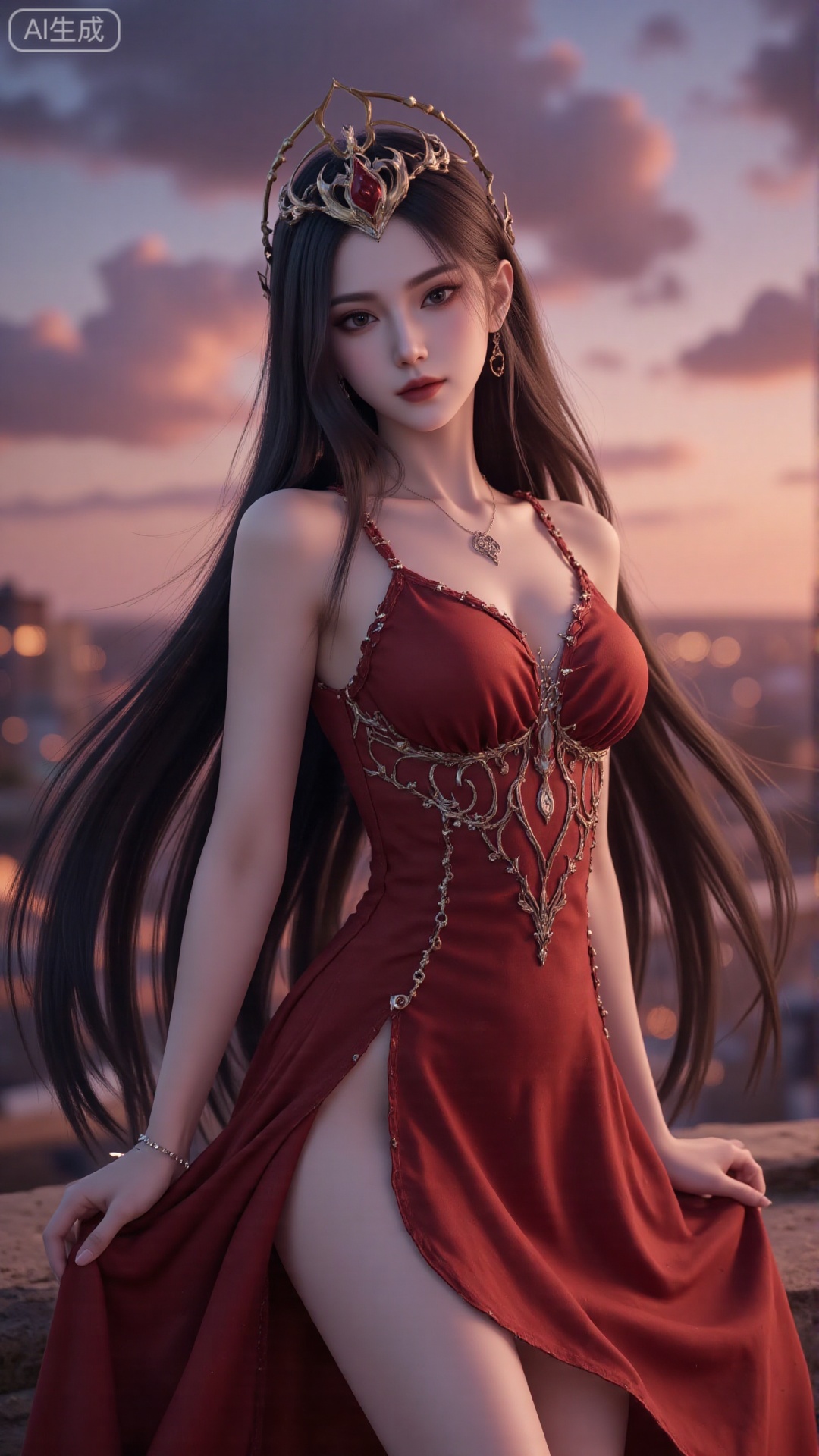 1girl, long hair, solo, dress, hair ornament, black hair, mischevious smile, perfect body, scenery, sharp focus, best quality, masterpiece, detailed outfit, illustration, perfect eyes, finely detailed beautiful anime eyes, realistic skin, intricate details, best lighting, depth of field, ultra high resolution, cowboy shot