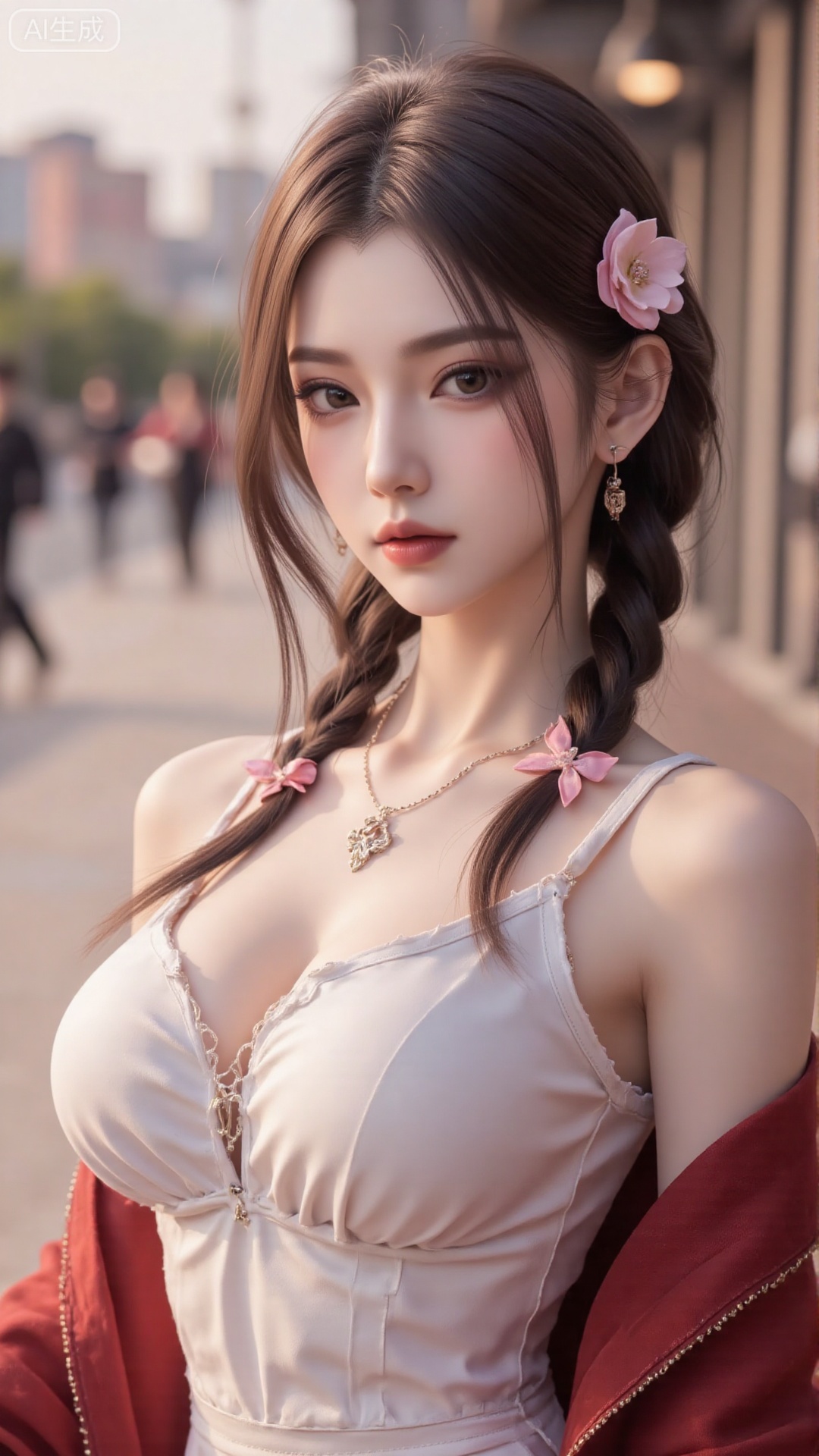 1girl,solo,jewelry,flower,hair flower,hair ornament,necklace,realistic,brown eyes,looking at viewer,dress,blurry background,twin braids,blurry,white dress,long hair,upper body,breasts,pink bow,red jacket,bare shoulders,lips,collarbone,outdoors,cleavage,large natural breast,soft breasts,huge Breasts