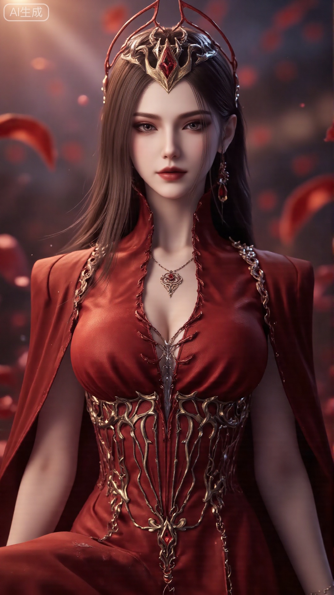1girl, long hair, solo, dress, hair ornament, black hair, mischevious smile, perfect body, scenery, sharp focus, best quality, masterpiece, detailed outfit, illustration, perfect eyes, finely detailed beautiful anime eyes, realistic skin, intricate details, best lighting, depth of field, ultra high resolution, cowboy shot