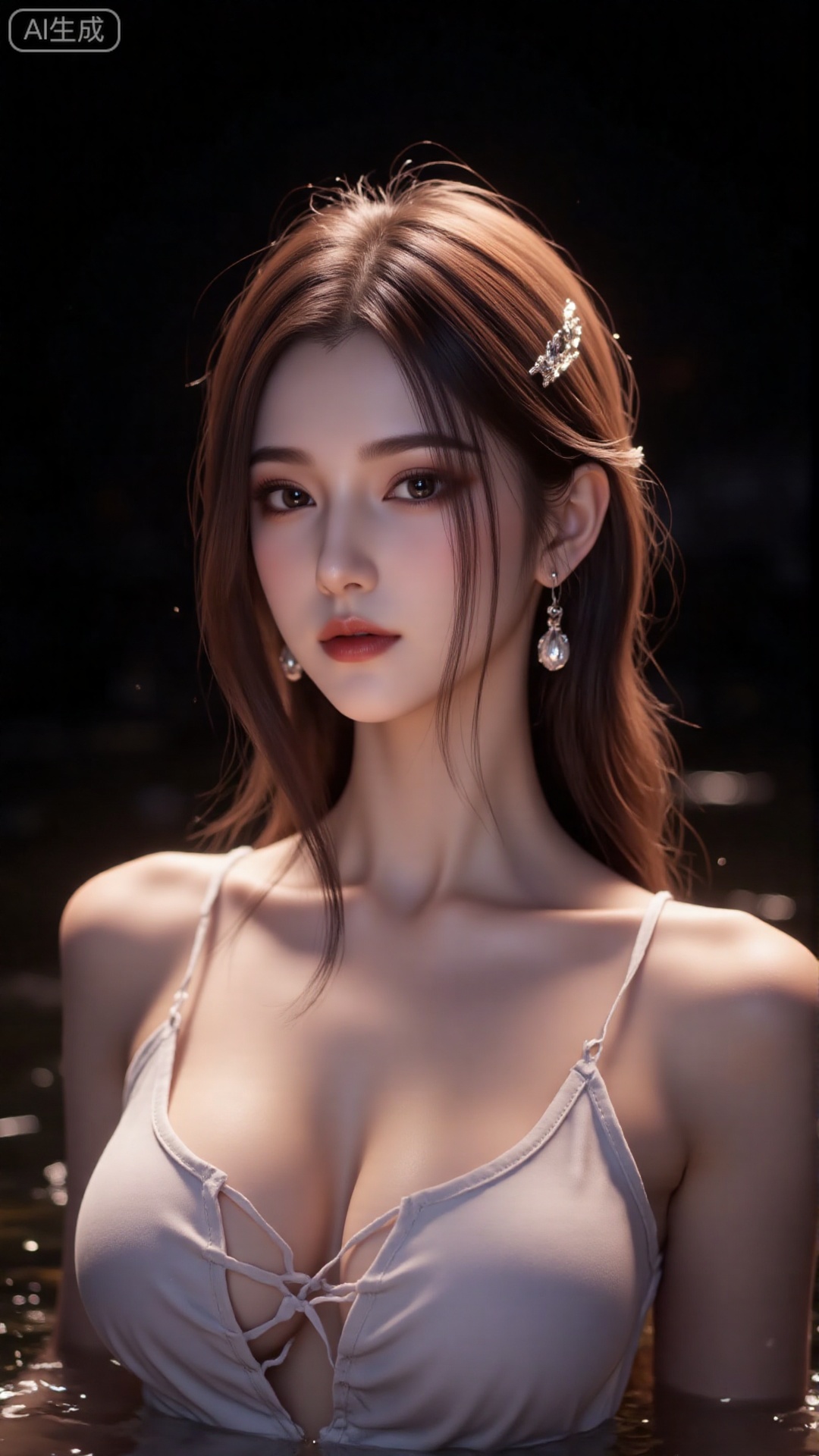 1girl, solo, long hair, red lips,looking at viewer, upper body, glowing hair,hair ornament,white sling shirt,bare shoulders,in water,hair bun,ribbon,earrings,black background,light,dark background