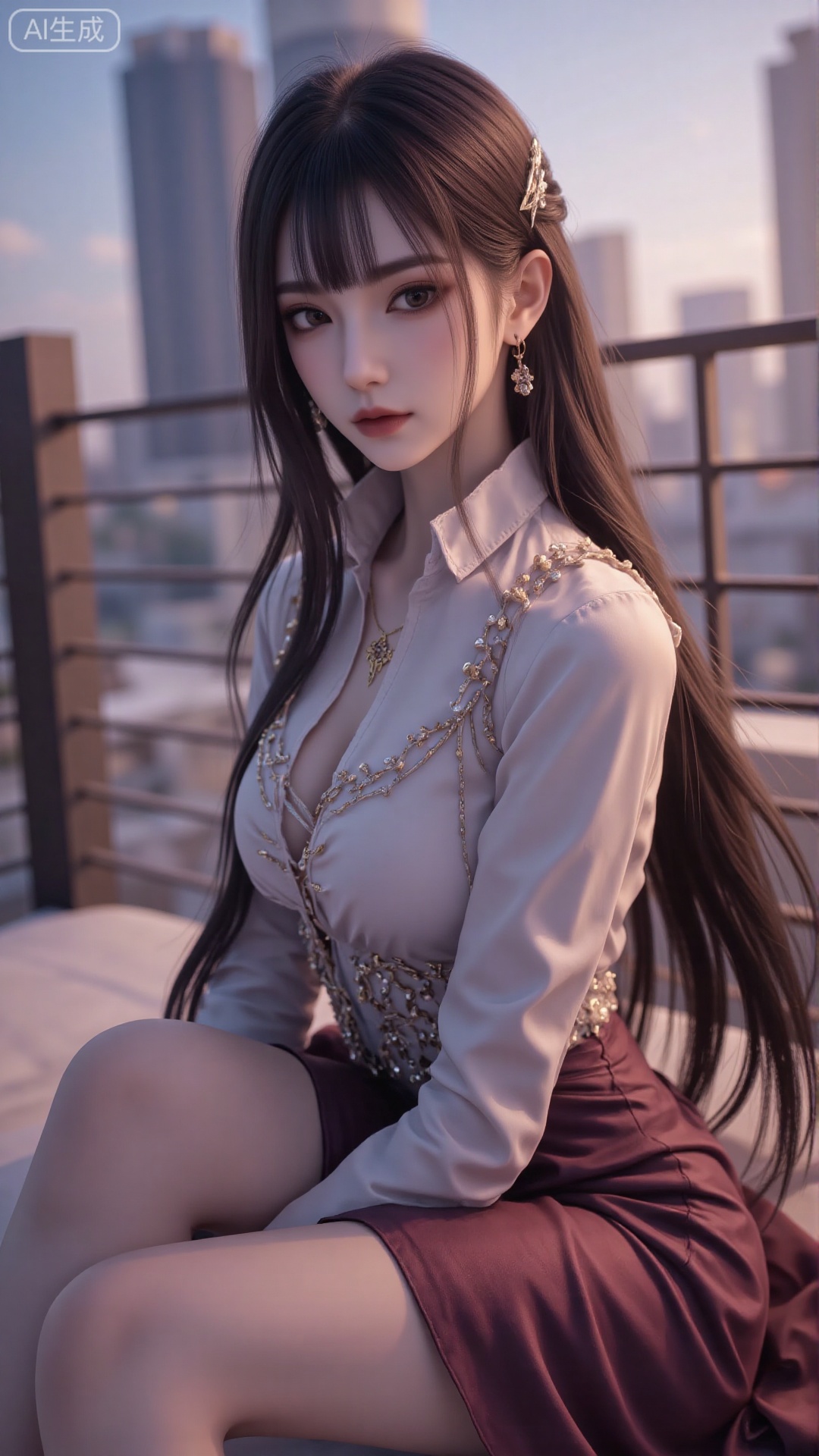 1girl, long hair, solo, dress, hair ornament, black hair, mischevious smile, perfect body, scenery, sharp focus, best quality, masterpiece, detailed outfit, illustration, perfect eyes, finely detailed beautiful anime eyes, realistic skin, intricate details, best lighting, depth of field, ultra high resolution, sitting