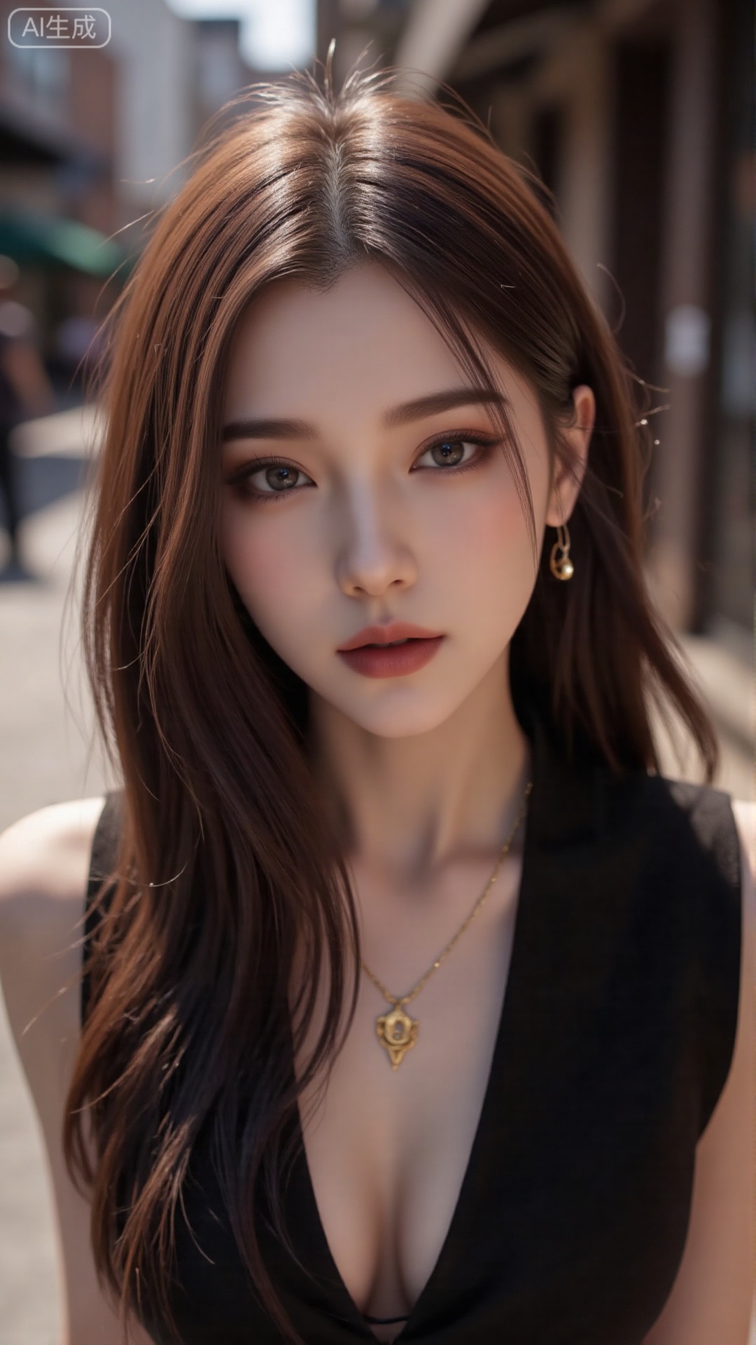  a asian woman, sexy long hair, blue eyes, charming and seductive temperament, distant close-up, golden ratio, movie texture, minimalism, high-end feeling, strong contrast between cold and warm, outdoor scenes, 