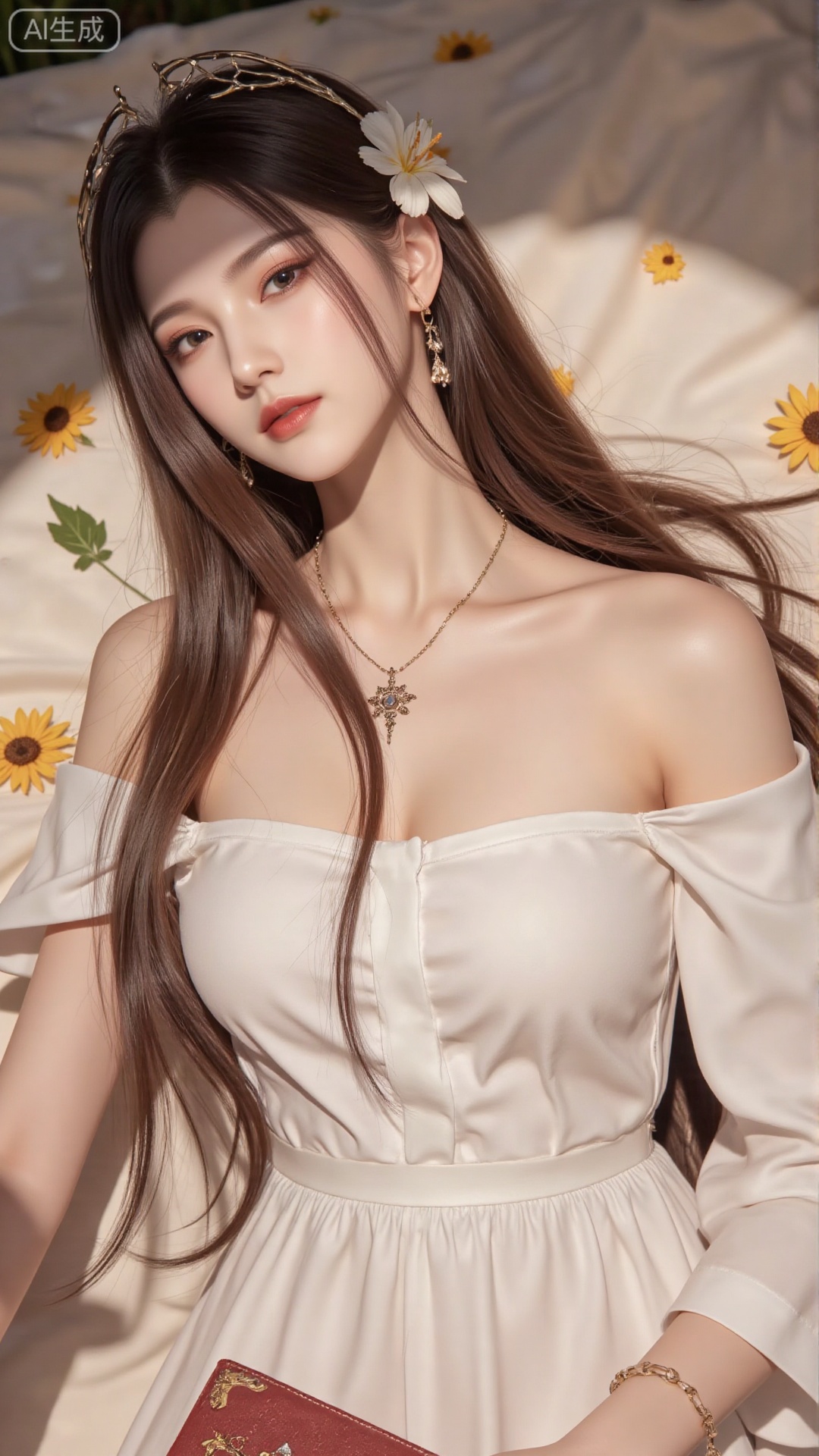 1girl, solo, long hair, brown hair, long sleeves, dress, ribbon, bare shoulders, jewelry, flower, earrings, outdoors, lying, white dress, book, sunflower, ,Light, shadow ,Illustration, lightshadow,shadow,masterpiece,best quality,good quality,very aesthetic,A shot with tension,impactful picture,offcial art,movie perspective,masterpiece,facing the lens,best quality,very aesthetic,extremely delicate and beautiful,huge filesize,amazing quality,solo_focus,depth_of_field,sunlight,reflective,masterful details,intricate details, high contrast,natural skin texture,soft light,sharp,ultra-high resolution,32K UHD,
