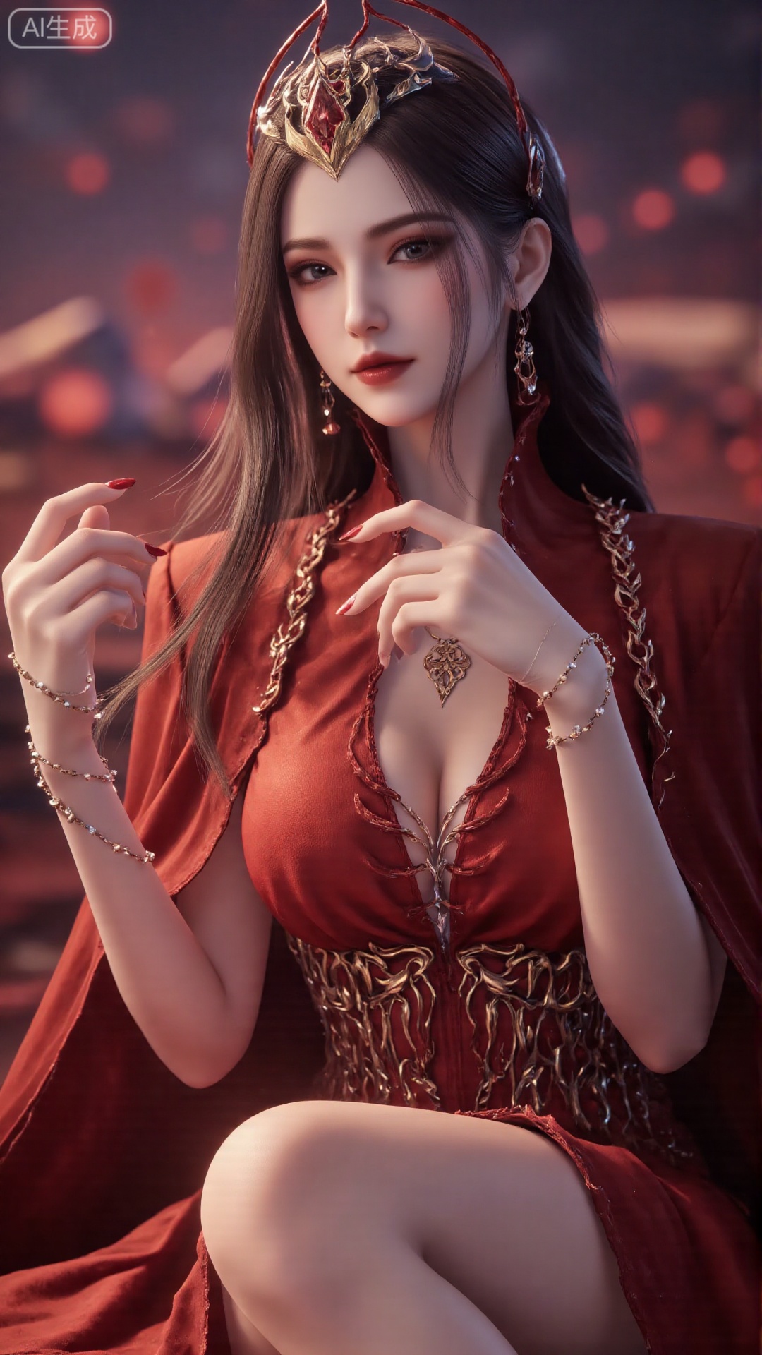 1girl, long hair, solo, dress, hair ornament, black hair, mischevious smile, perfect body, scenery, sharp focus, best quality, masterpiece, detailed outfit, illustration, perfect eyes, finely detailed beautiful anime eyes, realistic skin, intricate details, best lighting, depth of field, ultra high resolution, sitting