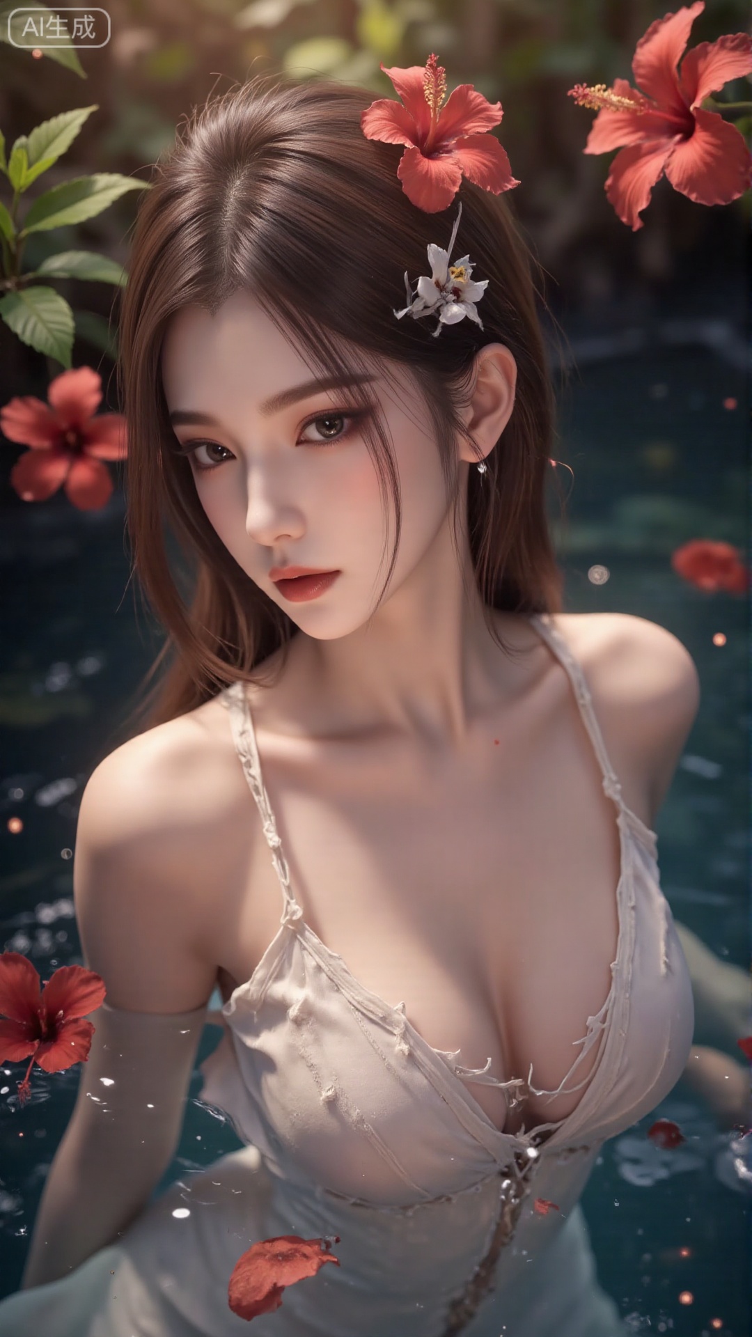 1girl, solo, long hair, breasts, looking at viewer, blush, open mouth, bangs, brown hair, hair ornament, dress, bare shoulders, brown eyes, medium breasts, collarbone, flower, parted lips, hair flower, water, white dress, sleeveless dress, leaf, plant, red flower, partially submerged, hibiscus
,backlighting,depth of field,cinematic lighting,light particles,lens flare, (artist:quasarcake:0.8),extreme aesthetic,(wlop:0.6),masterpiece,best quality,good quality,newest,very aesthetic,absurdres,Visual impact,A shot with tension, ultra-high resolution,32K UHD,sharp focus,best-quality,masterpiece,Emotionalization,unconventional supreme masterpiece,masterful details,temperate atmosphere,with a high-end texture,in the style of fashion photography, (alzi xiaomI:1.2),(mogumo:1.1),(good hands, nice hands:0.5),giving the poster a dynamic and visually striking appearance,impactful picture,offcial art,colorful,movie perspective, masterpiece,best quality,amazing quality,very aesthetic,absurdres,best quality,newest