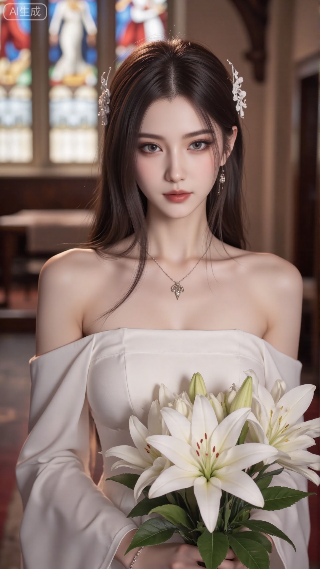 masterpiece,very aware,highres,absurdres,newest,best quality,high quality,chromatic_aberration,cinematic_angle,dutch angle,blurry_foreground,
1girl, flower, solo, hair ornament, dress, bouquet, stained glass, hair flower, holding bouquet, white dress, holding, looking at viewer, necklace, jewelry, church, white flower, virtual youtuber, lily (flower), earrings, closed mouth, bare shoulders, indoors, off-shoulder dress, aqua eyes, long hair, off shoulder, wedding dress, light smile, mole, blue eyes, upper body, collarbone, holding flower,
photorealistic
