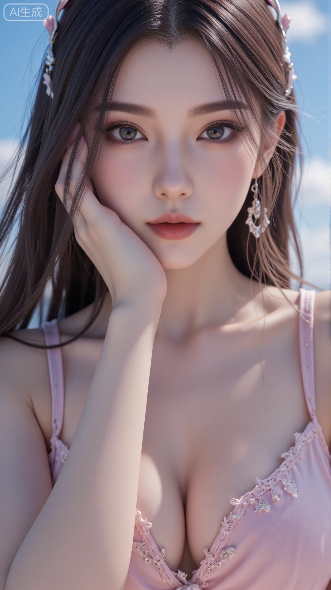 Very detailed face, extremely detailed eyes and face, blue eyes, (vacuum), 8K wallpaper, light leak, beautiful and detailed girl, extremely detailed CGUnity8K wallpaper, an extremely detailed and beautiful, beautiful and detailed eyes, masterpiece, best quality, Real photo level, (frontal shooting panoramic perspective), ( (Full body photo)), dynamic angle, dynamic pose, solo, ancient style silver hairpin with petals, blue sky and white clouds, (C cup), (huge round breasts), slender legs, super good figure, stunning beauty, (whole body in the mirror) , (wearing Lolita nightgown), (light reflects the shadow of the body through the clothes),vacuum,bare and smooth