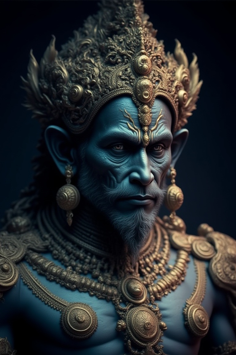 oumheros,  A close-up portrait of Hanuman rendered as a powerful,  blue-skinned anthropomorphic deity. His expression is s...