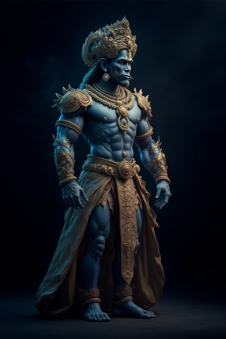 oumheros,  A full-body portrait of Hanuman standing tall in a regal pose,  his muscular blue physique exuding divine stren...
