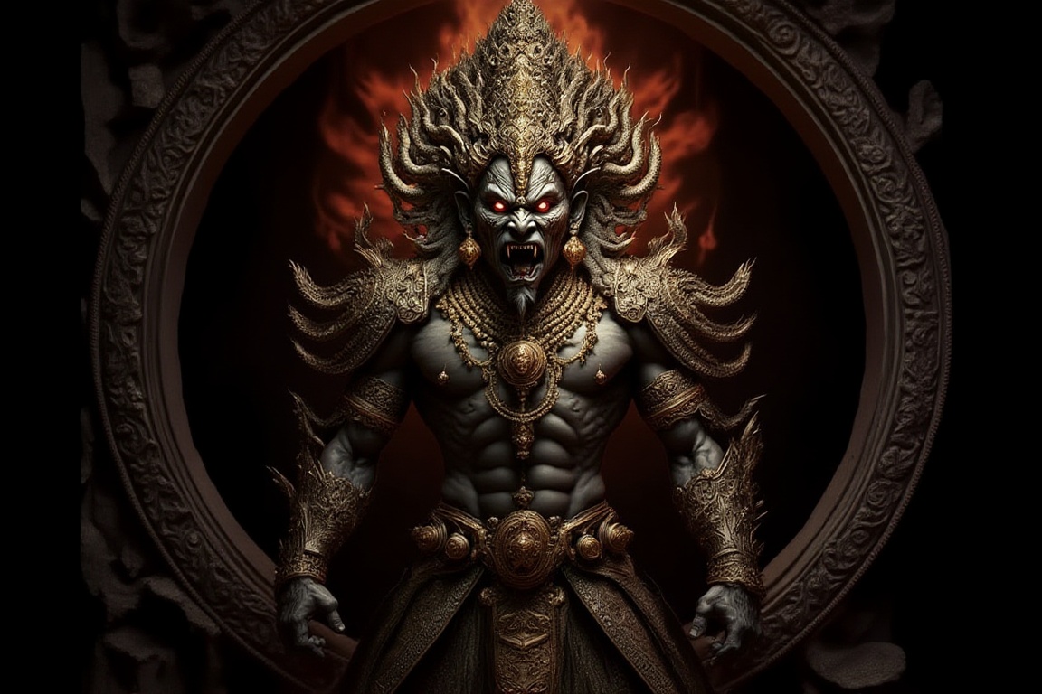 oumheros,  A full-body depiction of a demonic emperor with stone-gray skin and a monstrous,  snarling face with glowing re...