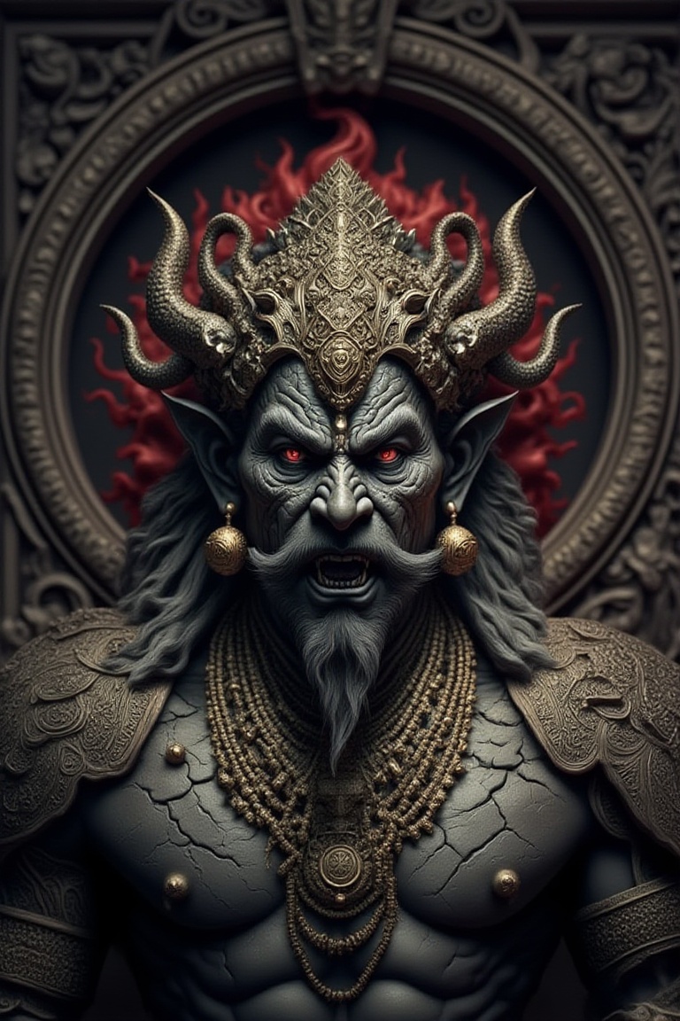 oumheros,  A half-body scene of a towering demonic sentinel with cracked,  stone-like gray skin and feral red eyes glaring...