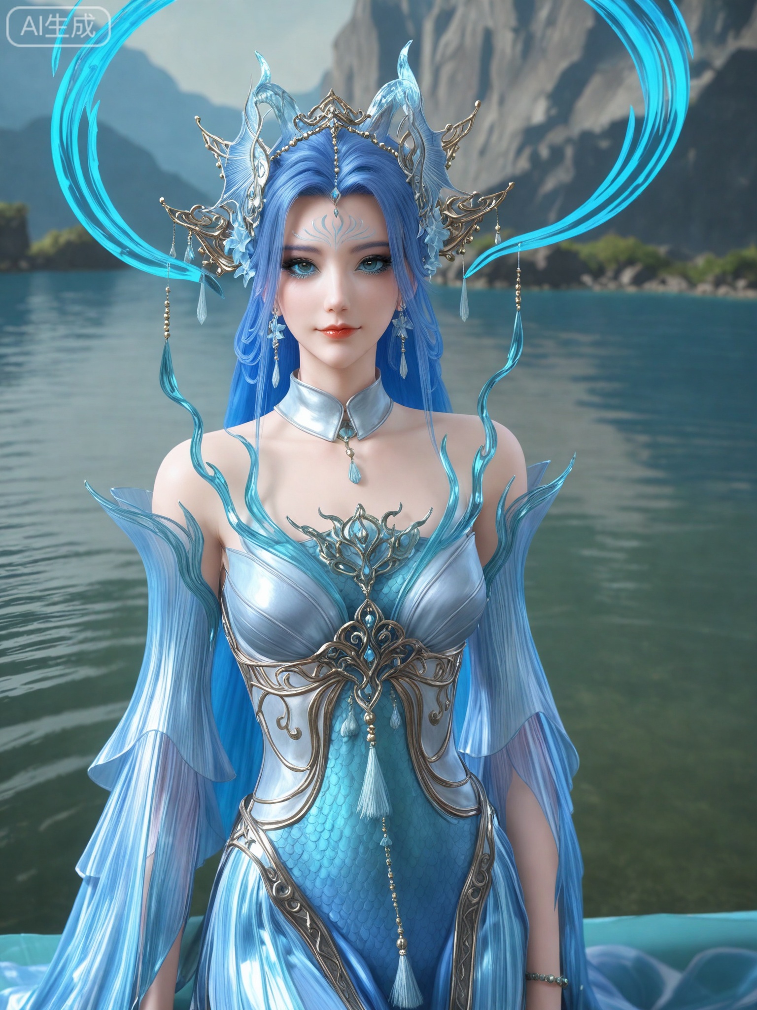 score_9,score_8_up,score_7_up,masterpiece,(best quality),(intricate details:0.9) BREAK (intricate details:0.9),(realistic skin:1.2),masterpiece,best quality,newest,absurdres,hiahres,1girl,solo,jewelry,hair ornament,long hair,dress,necklace,lips,eyeshadow,bracelet,tassel,(8k ultra-clear, pony style),photo pose 0.6, micro-expression: soft smile 0.3, half-body + medium shot 0.7,1girl,solo.looking_at_viewer,realistic,photorealistic,Vivid Colors,bright environment,shiny skin,shiny hairjewelry,detail eyes,Eyes highlights,glowing,sunshine,bright,reflection,bright,sunshine on face,shiny,shinny,petite,thin,leg slimming,lose weight,slim hips,lakeside,delicate water,reflection,(full body:0.8)sitting_down,eyelashes,blue hair,