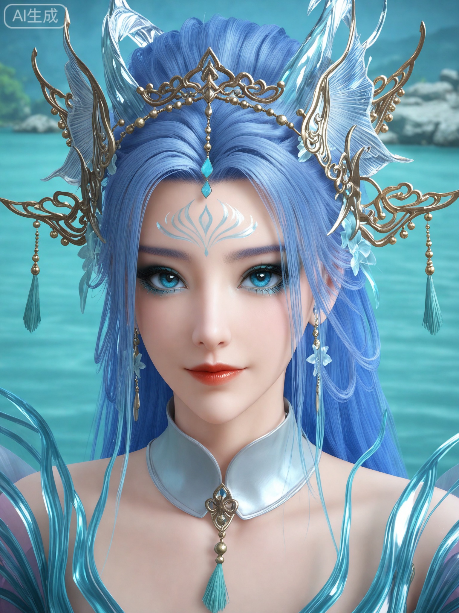 score_9,score_8_up,score_7_up,masterpiece,(best quality),(intricate details:0.9) BREAK (intricate details:0.9),(realistic skin:1.2),masterpiece,best quality,newest,absurdres,hiahres,1girl,solo,jewelry,hair ornament,long hair,dress,necklace,lips,eyeshadow,bracelet,tassel,(8k ultra-clear, pony style),photo pose 0.6, micro-expression: soft smile 0.3, half-body + medium shot 0.7,1girl,solo.looking_at_viewer,realistic,photorealistic,Vivid Colors,bright environment,shiny skin,shiny hairjewelry,detail eyes,Eyes highlights,glowing,sunshine,bright,reflection,bright,sunshine on face,shiny,shinny,petite,thin,leg slimming,lose weight,slim hips,lakeside,delicate water,reflection,(full body:0.8)sitting_down,eyelashes,blue hair,