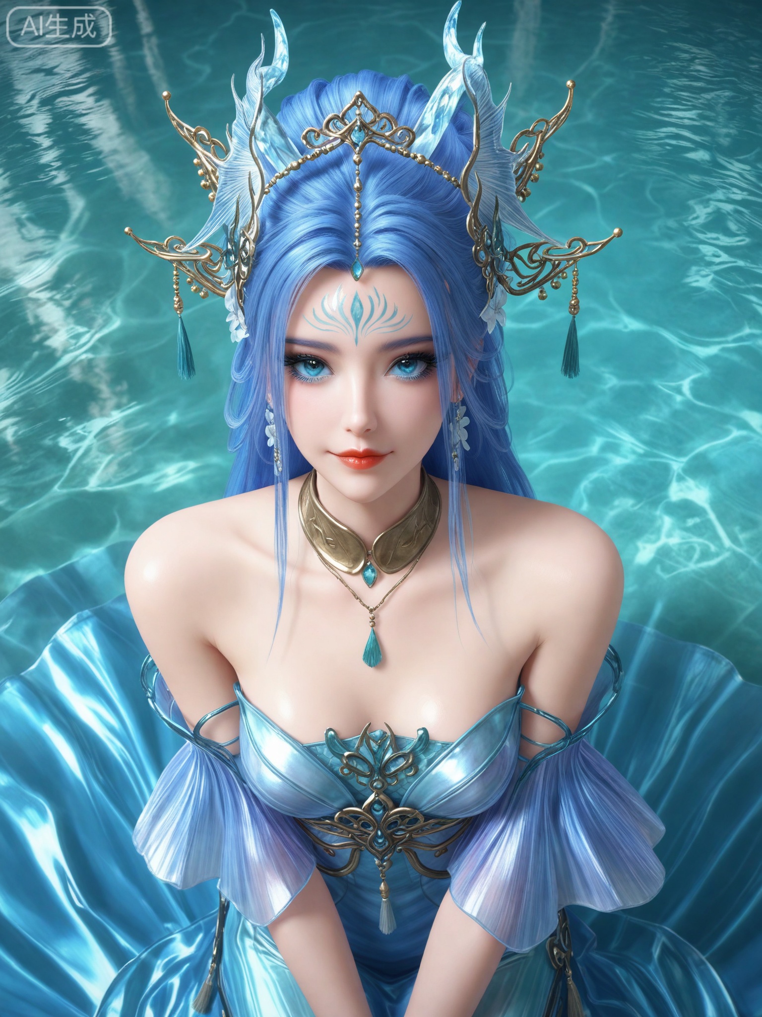 score_9,score_8_up,score_7_up,masterpiece,(best quality),(intricate details:0.9) BREAK (intricate details:0.9),(realistic skin:1.2),masterpiece,best quality,newest,absurdres,hiahres,1girl,solo,jewelry,hair ornament,long hair,dress,necklace,lips,eyeshadow,bracelet,tassel,(8k ultra-clear, pony style),photo pose 0.6, micro-expression: soft smile 0.3, half-body + medium shot 0.7,1girl,solo.looking_at_viewer,realistic,photorealistic,Vivid Colors,bright environment,shiny skin,shiny hairjewelry,detail eyes,Eyes highlights,glowing,sunshine,bright,reflection,bright,sunshine on face,shiny,shinny,petite,thin,leg slimming,lose weight,slim hips,lakeside,delicate water,reflection,(full body:0.8)sitting_down,eyelashes,blue hair,