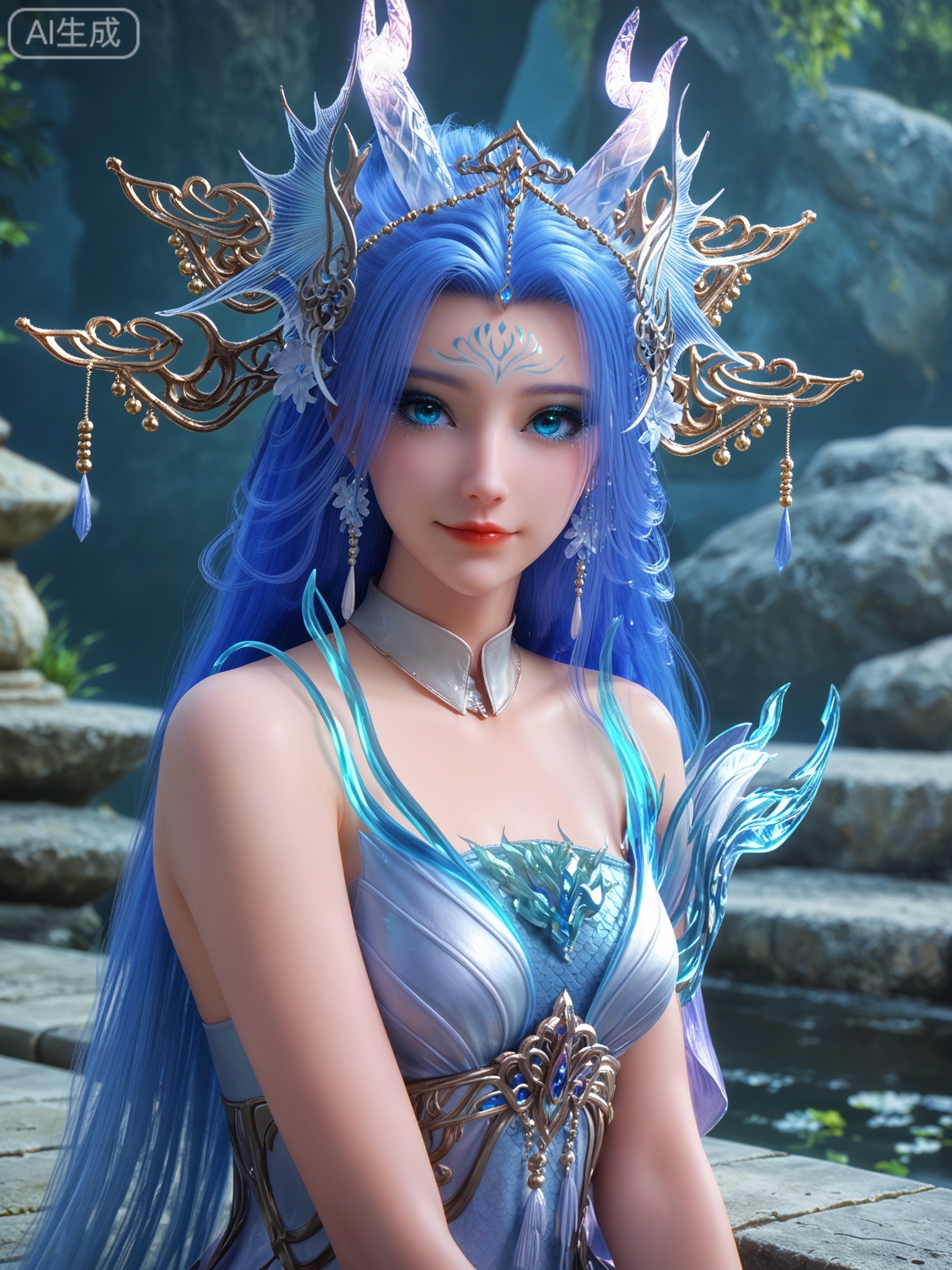 score_9,score_8_up,score_7_up,masterpiece,(best quality),(intricate details:0.9) BREAK (intricate details:0.9),(realistic skin:1.2),masterpiece,best quality,newest,absurdres,hiahres,1girl,solo,jewelry,hair ornament,long hair,dress,necklace,lips,eyeshadow,bracelet,tassel,(8k ultra-clear, pony style),photo pose 0.6, micro-expression: soft smile 0.3, half-body + medium shot 0.7,1girl,solo.looking_at_viewer,realistic,photorealistic,Vivid Colors,bright environment,shiny skin,shiny hairjewelry,detail eyes,Eyes highlights,glowing,sunshine,bright,reflection,bright,sunshine on face,shiny,shinny,petite,thin,leg slimming,lose weight,slim hips,lakeside,delicate water,reflection,(full body:0.8)sitting_down,eyelashes,blue hair,