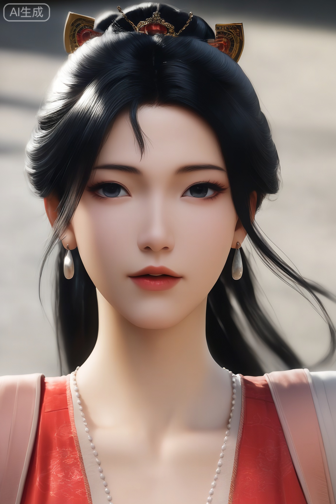 MPL,1girl, solo, black hair,hair ornament, dress, jewelry, upper body, earrings, black eyes, lips, red dress,
master work,32K,UHD,perfect work,masterpiece,best quality,high quality,ultra-detailed,(guofeng aesthetic),