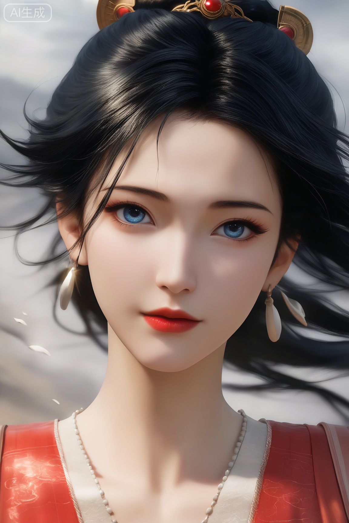 MPL,1girl, solo, looking at viewer, blue eyes, black hair,hair ornament, dress, jewelry, closed mouth, upper body, earrings, black eyes, lips, red dress, wind, red lips, 
master work,32K,UHD,perfect work,masterpiece,best quality,high quality,ultra-detailed,(guofeng aesthetic),