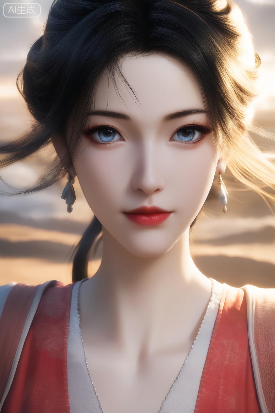 MPL,1girl, solo, looking at viewer, blue eyes, black hair,hair ornament, dress, jewelry, closed mouth, upper body, earrings, black eyes, lips, red dress, wind, red lips, pale skin, 
master work,32K,UHD,perfect work,masterpiece,best quality,high quality,ultra-detailed,(guofeng aesthetic),cinematic lighting,delicate details,vibrant colors, sgrainy,detailed skin,“golden hour,” “volumetric light,”