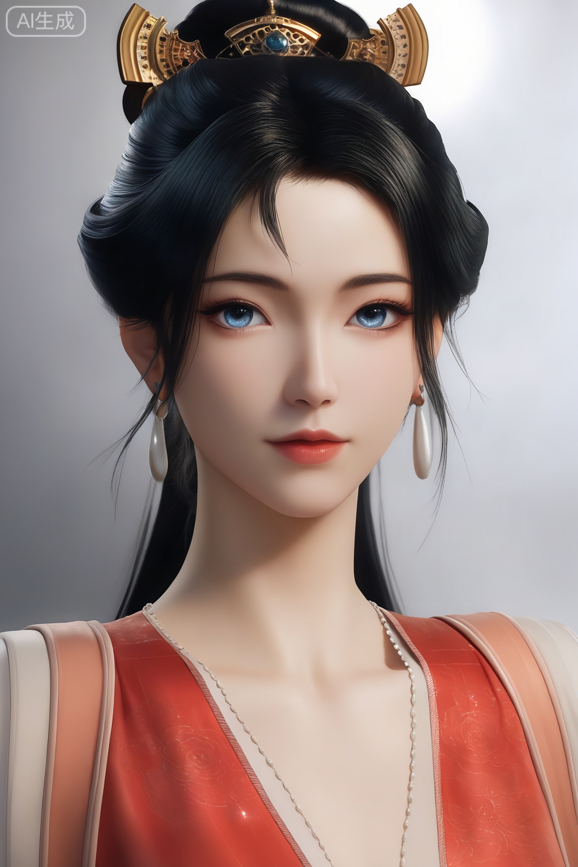 MPL,1girl, solo, looking at viewer, blue eyes, black hair,hair ornament, dress, jewelry, upper body, earrings, black eyes, lips, red dress,
master work,32K,UHD,perfect work,masterpiece,best quality,high quality,ultra-detailed,(guofeng aesthetic),