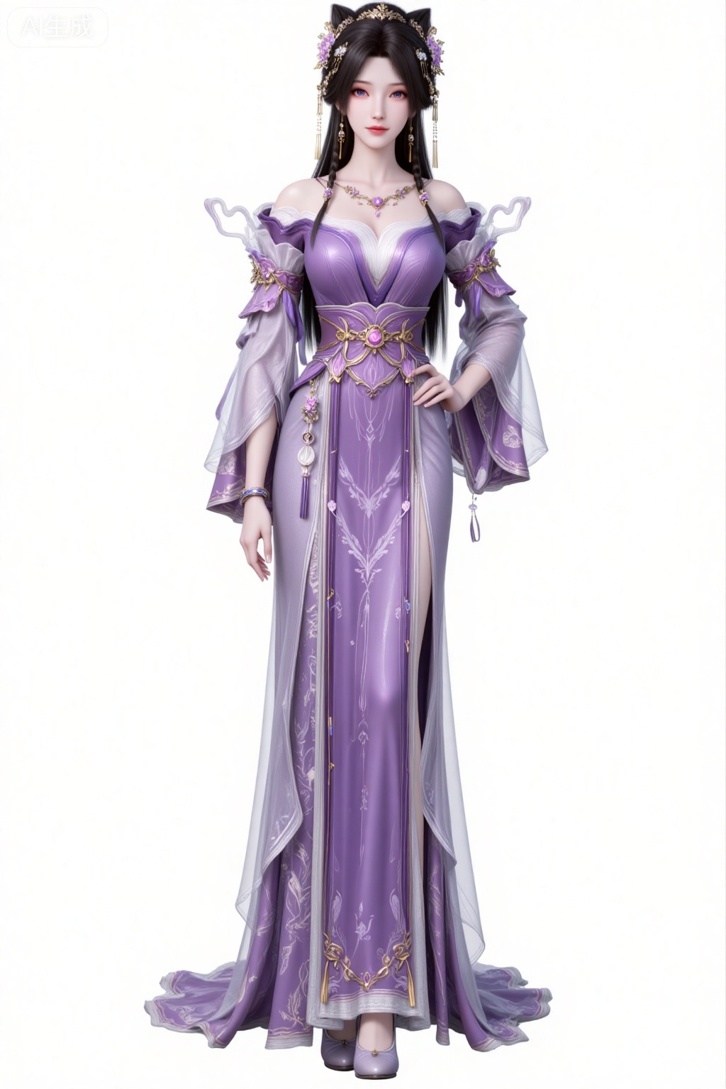 jiziyue, 1girl, jewelry, solo, purple eyes, hair ornament, necklace, white background, earrings, long hair,looking at viewer, dress, flower, braid, black hair, hair flower, purple dress, hair bun, bare shoulders, smile, simple background, closed mouth, realistic,hand on hip,les,long legs,
jiziyue,1girl,solo,jewelry,dress,full body,white background,bracelet,purple dress,necklace,long hair,simple background,bare shoulders,breasts,black hair,standing,anklet,side slit,chinese clothes,collarbone,off shoulder,
sakura mochi,blurry,guanghuapifu,pifu,lvjing,lvjing