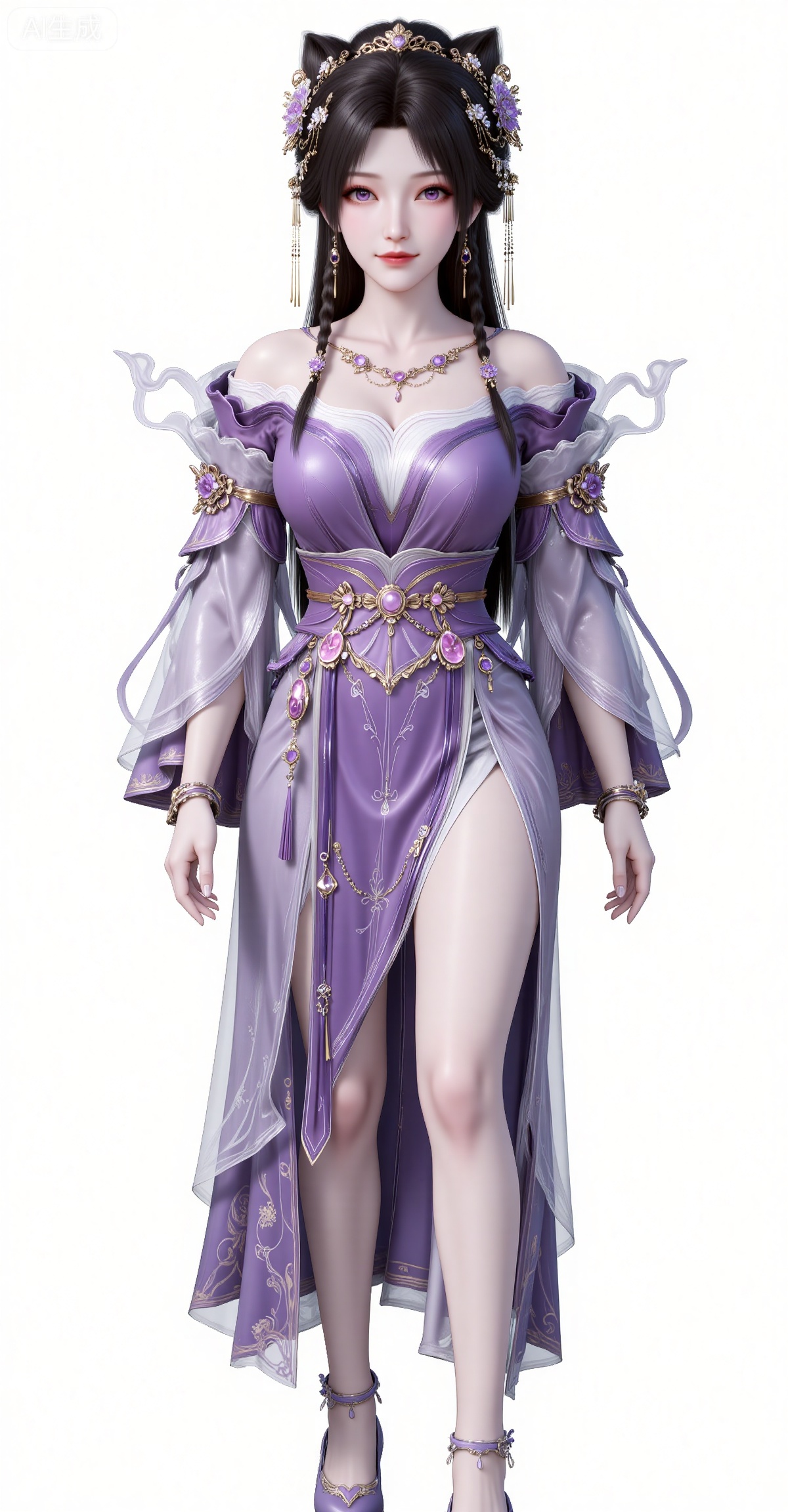 jiziyue, 1girl, jewelry, solo, purple eyes, hair ornament, necklace, white background, earrings, long hair,looking at viewer, dress, flower, braid, black hair, hair flower, purple dress, hair bun, bare shoulders, smile, simple background, closed mouth, realistic,
jiziyue,1girl,solo,jewelry,dress,full body,white background,bracelet,purple dress,necklace,long hair,simple background,bare shoulders,breasts,black hair,standing,anklet,side slit,chinese clothes,collarbone,off shoulder,
sakura mochi,blurry,guanghuapifu,pifu,lvjing,lvjing