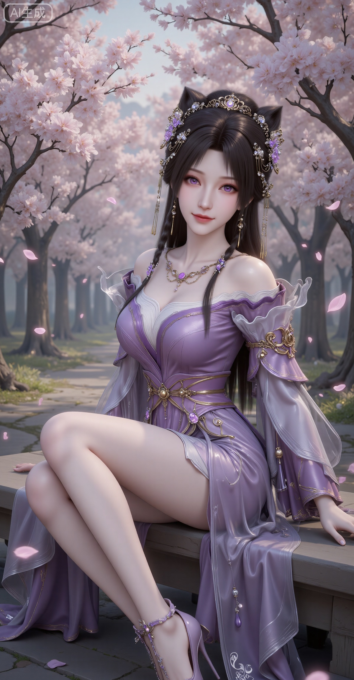 jiziyue, 1girl, jewelry, solo, purple eyes, hair ornament, necklace,  earrings, long hair,looking at viewer, dress, flower, braid, black hair, hair flower, purple dress, hair bun, bare shoulders, smile, simple background, closed mouth, realistic,(masterpiece, best quality, 8k resolution, cinematic lighting),
(masterpiece, best quality, 8k resolution, ultra-detailed, cinematic lighting),
1 beautiful woman, sitting elegantly in cherry blossom garden,
long flowing black hair, purple eyes, pale flawless skin,
elegant evening gown with sequins, sparkling jewelry, delicate hair accessories,
high heels, cherry blossom petals falling, petals on hair and dress,
mysterious and romantic atmosphere, dreamy lighting, soft focus,
detailed facial features, delicate jewelry, intricate dress details,
gentle smile, enchanting expression, fairytale style,
blossoming cherry trees, pink petals floating in air,
dappled sunlight, golden hour glow, bokeh background
blurry,guanghuapifu,pifu,lvjing,lvjing