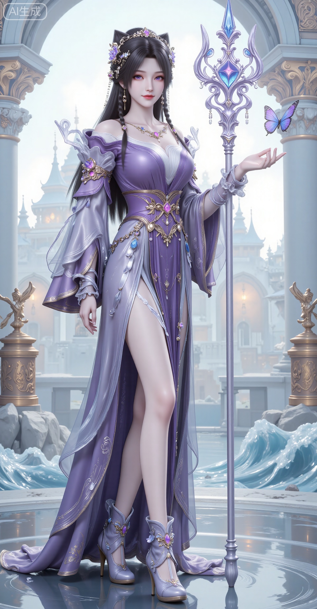 jiziyue, 1girl, jewelry, solo, purple eyes, hair ornament, necklace, white background, earrings, long hair,looking at viewer, dress, flower, braid, black hair, hair flower, purple dress, hair bun, bare shoulders, smile, simple background, closed mouth, realistic,(masterpiece, best quality, 8k resolution, cinematic lighting),
1 girl, solo, divine standing pose, centered composition,
long silver hair with pearl luster, ice crystal and sapphire hair accessories, wave-shaped crown,
cold and majestic expression, slightly raised eyebrows, purple pupils with blue glow,
sapphire bodycon dress with 3D ice crystal patterns and wave reliefs,
high slit revealing slender legs, thin纱and satin long sleeves with blue diamond accents,
silver-blue high-heel boots with aqua crystals and wave carvings,
holding transparent crystal staff with blue-purple light stream and water hydrangea,
left hand summoning water butterfly with ice-crystal wings,
surrounded by layered waves, water mirror reflecting her figure and castle,
gothic castle with light blue and beige stone, intricate wave and sea god totems,
gilded decorations on spires and arches, copper bell with ancient scripts,
light blue sky with few white clouds, sunlight casting soft spots,
blue-white color scheme, gradient from light to deep blue,
light from upper right, highlighting her profile and staff,
dynamic water effects
sakura mochi,blurry,guanghuapifu,pifu,lvjing,lvjing