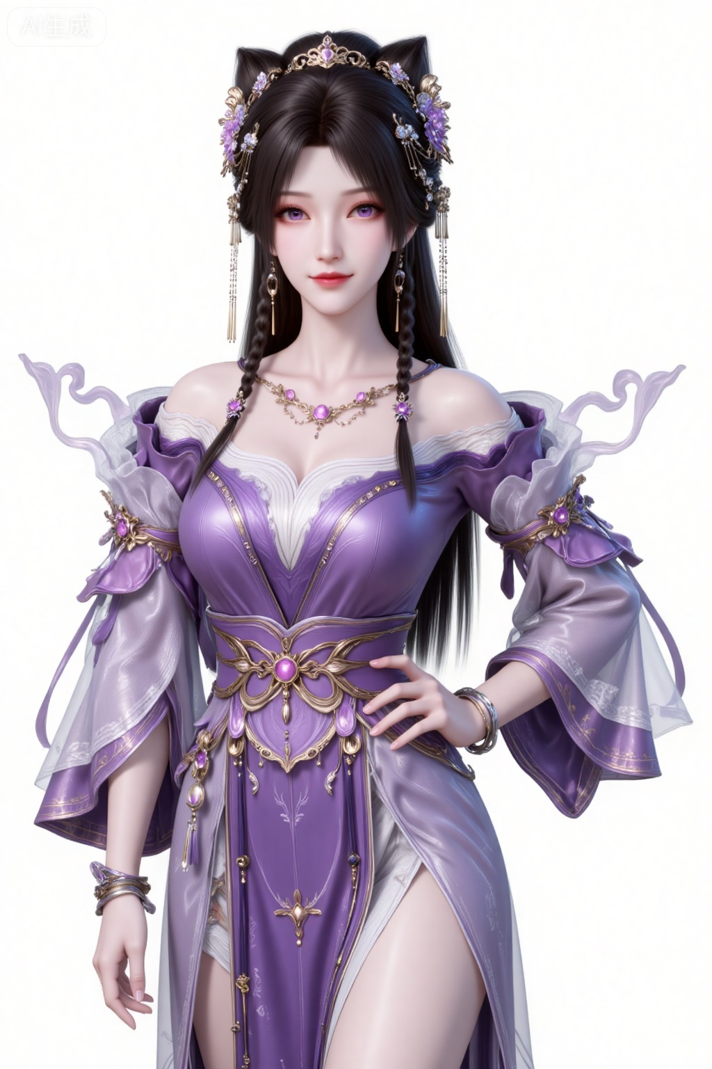 jiziyue, 1girl, jewelry, solo, purple eyes, hair ornament, necklace, white background, earrings, long hair,looking at viewer, dress, flower, braid, black hair, hair flower, purple dress, hair bun, bare shoulders, smile, simple background, closed mouth, realistic,hand on hip,les,long legs,
jiziyue,1girl,solo,jewelry,dress,full body,white background,bracelet,purple dress,necklace,long hair,simple background,bare shoulders,breasts,black hair,standing,anklet,side slit,chinese clothes,collarbone,off shoulder,
sakura mochi,blurry,guanghuapifu,pifu,lvjing,lvjing