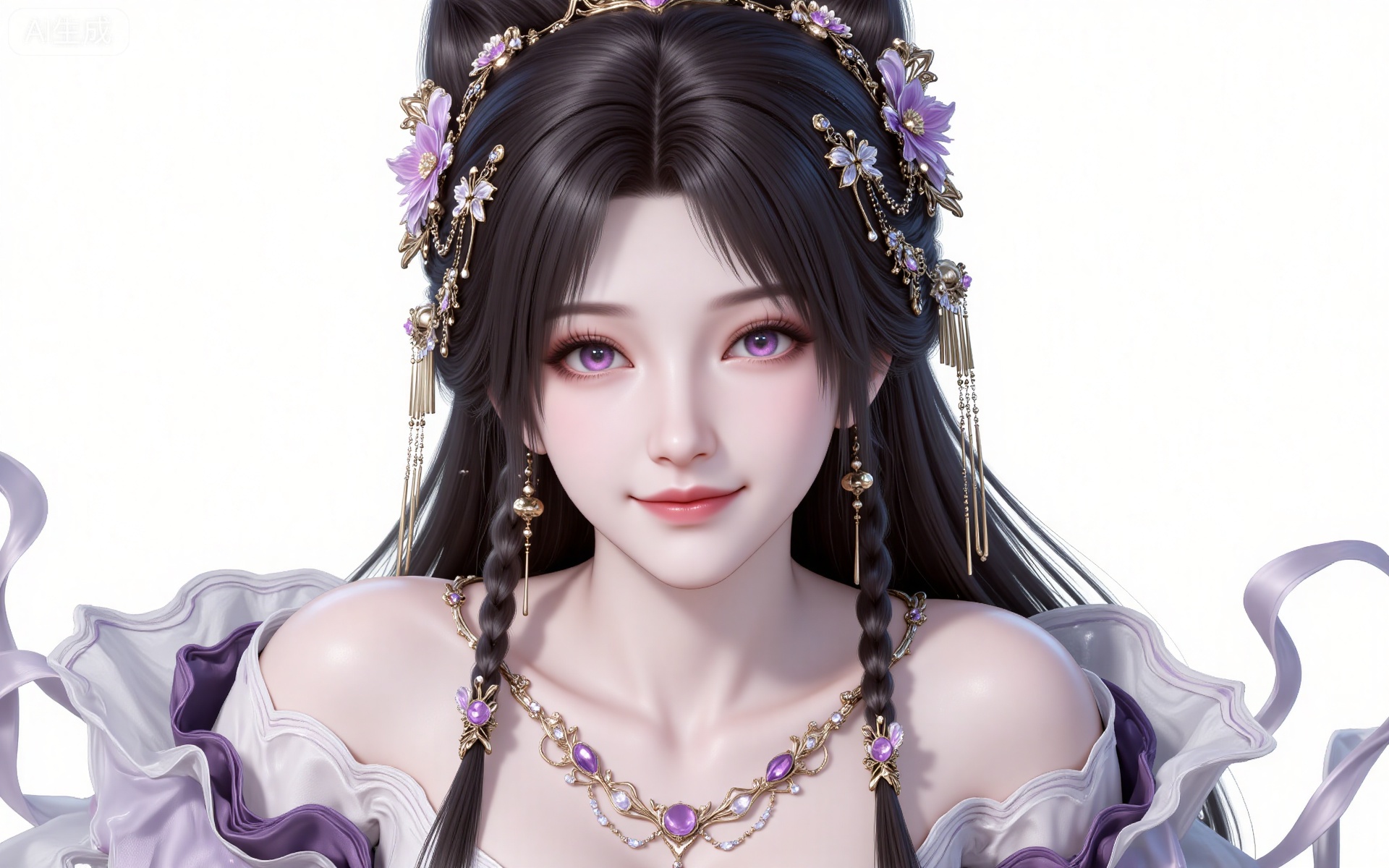 jiziyue, 1girl, jewelry, solo, purple eyes, hair ornament, necklace, white background, earrings, long hair, upper body, looking at viewer, dress, flower, braid, black hair, hair flower, purple dress, hair bun, bare shoulders, smile, simple background, closed mouth, realistic,
sakura mochi,blurry,guanghuapifu,pifu,lvjing,lvjing