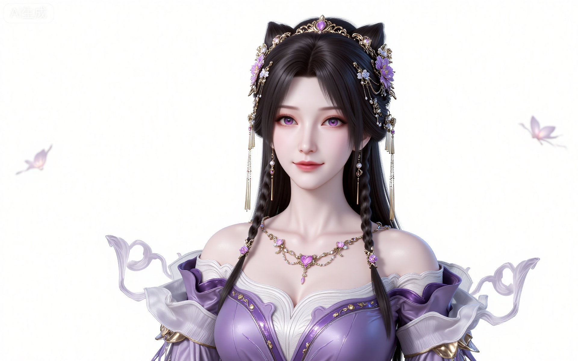 jiziyue, 1girl, jewelry, solo, purple eyes, hair ornament, necklace, white background, earrings, long hair, upper body, looking at viewer, dress, flower, braid, black hair, hair flower, purple dress, hair bun, bare shoulders, smile, simple background, closed mouth, realistic,
sakura mochi,blurry,guanghuapifu,pifu,lvjing,lvjing
