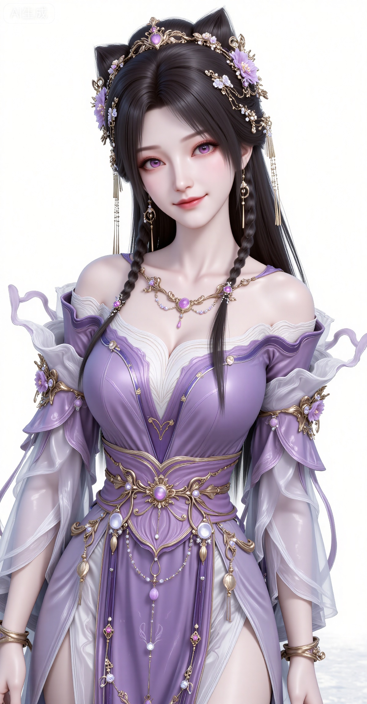 jiziyue, 1girl, jewelry, solo, purple eyes, hair ornament, necklace, white background, earrings, long hair,looking at viewer, dress, flower, braid, black hair, hair flower, purple dress, hair bun, bare shoulders, smile, simple background, closed mouth, realistic,
jiziyue,1girl,solo,jewelry,dress,full body,white background,bracelet,purple dress,necklace,long hair,simple background,bare shoulders,breasts,black hair,standing,anklet,side slit,chinese clothes,collarbone,off shoulder,
sakura mochi,blurry,guanghuapifu,pifu,lvjing,lvjing
