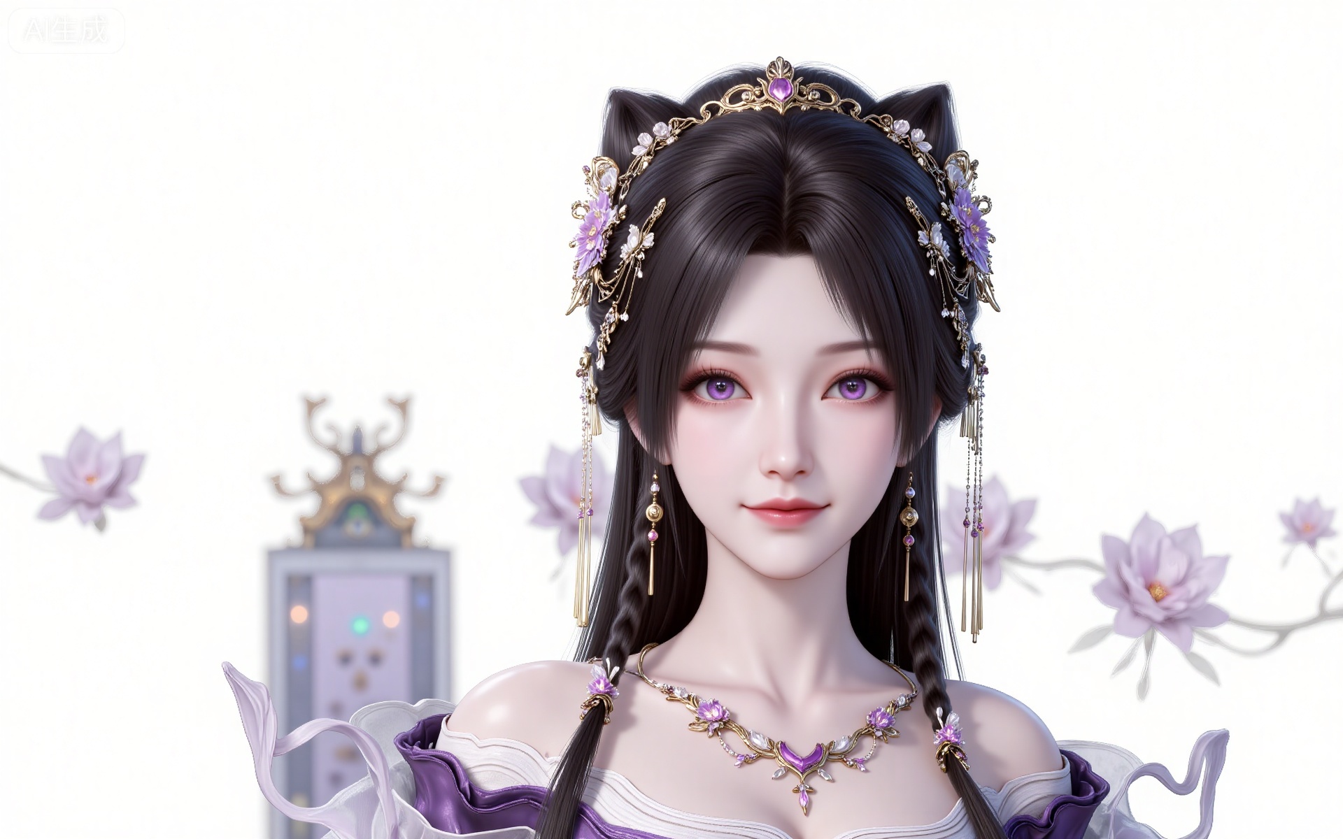 jiziyue, 1girl, jewelry, solo, purple eyes, hair ornament, necklace, white background, earrings, long hair, upper body, looking at viewer, dress, flower, braid, black hair, hair flower, purple dress, hair bun, bare shoulders, smile, simple background, closed mouth, realistic,
sakura mochi,blurry,guanghuapifu,pifu,lvjing,lvjing