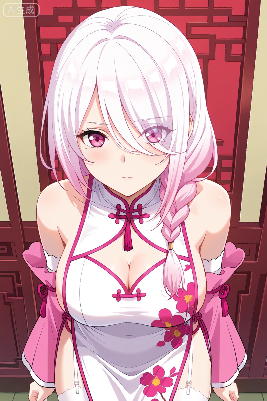 
Random scene,Random scene,
upper body,looking at viewer,
扇轻罗,masterpiece,best quality,official art,extremely detailed CG unity 8k wallpaper,1girl, solo, pink eyes, white hair, pink hair, long hair, bangs, single braid, mole under eye, eyes visible through hair, hair over one eye, hair between eyes,chinese dress, white dress, sideboob, bare shoulders, white thighhighs, garter straps, floral print, side slit, cleavage, bracelete, detached sleeves,