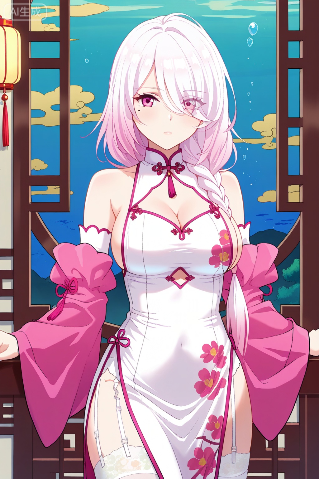 
Random scene,Random scene,
upper body,looking at viewer,
扇轻罗,masterpiece,best quality,official art,extremely detailed CG unity 8k wallpaper,1girl, solo, pink eyes, white hair, pink hair, long hair, bangs, single braid, mole under eye, eyes visible through hair, hair over one eye, hair between eyes,chinese dress, white dress, sideboob, bare shoulders, white thighhighs, garter straps, floral print, side slit, cleavage, bracelete, detached sleeves,