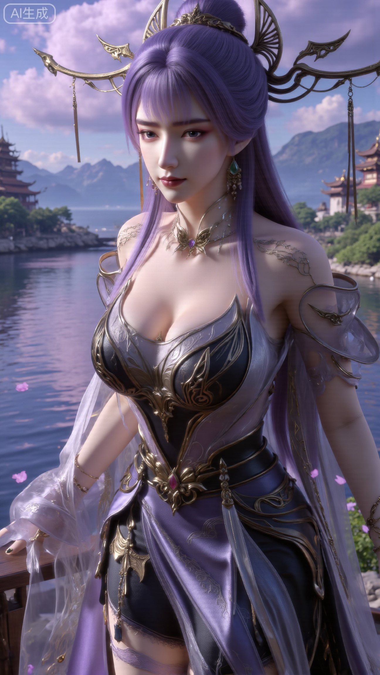 (masterpiece, best quality:1.2),1 girl, solo, long hair, black hair, hair accessories, clothing, cleavage cuts, long dress, jewelry, upper body, earrings. Background is outdoor, sky, clouds, water, trees, architecture, landscape, lantern, mountain, dragon, architecture, bridge, east Asian architecture, fog, pagoda,,(huge breasts:2.99),(full breasts:2.99),,Xbigbreasts,XbaifengsongyuYH,XliuyuYH2,XanmyXM,XxuanyYH,XruotianzhuqueG,XxuanyiYH,XPolaroidFilmStyle,XtianqiongX,Xqingluo2,XyuqinH