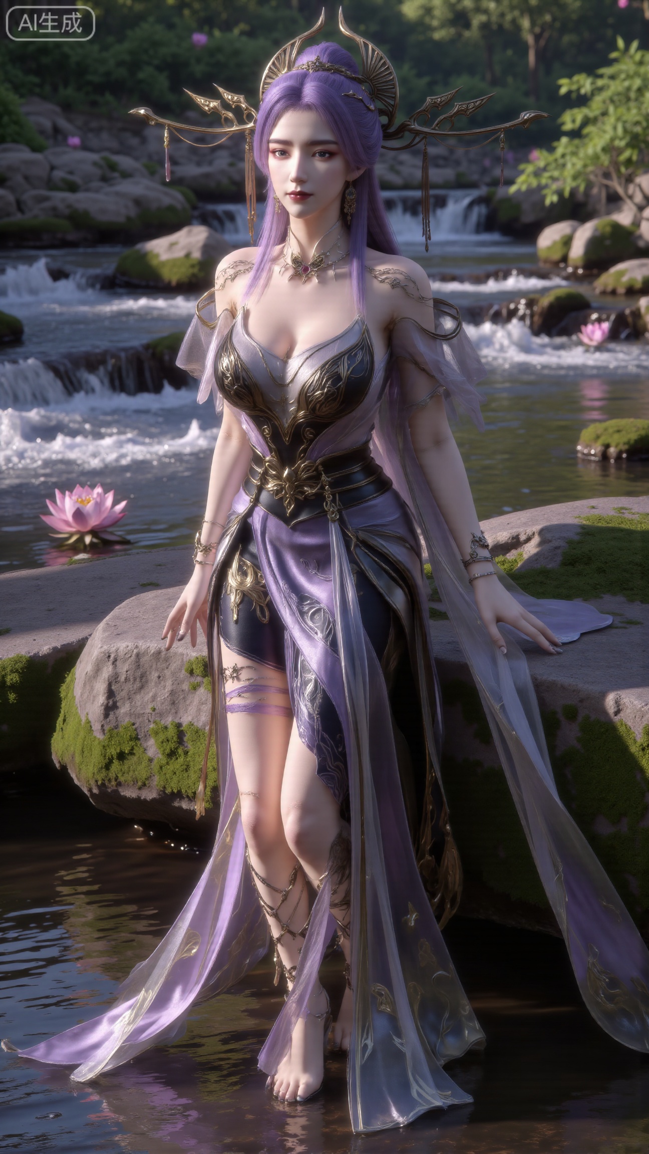 (masterpiece:1.3), ultra-detailed, 8k, photorealistic, best quality, cinematic lighting, volumetric sunlight, soft shadows, subsurface scattering, depth of field, A stunning young woman sits gracefully barefoot on a moss-covered rock beside a crystal-clear stream in a tranquil forest. The sunlight filters through the trees, casting dappled golden light on her smooth skin and the rippling water. She wears an exquisite long dress with fine pink and gold embroidery across the chest and short sleeves. Her long, dark hair flows naturally over her shoulders, softly illuminated by the warm light. Her bare feet touch the cool moss and shallow water, adding a sense of intimacy and realism. One hand rests gently on her hip, while the other holds a blooming lotus flower, her expression calm and serene. Mist rises gently from the water, with reflections dancing on the surface, creating a peaceful, ethereal atmosphere. (background with mossy stones, flowing stream, forest sunlight, soft haze, and gentle reflections:1.6), (realistic skin texture:1.3), (natural color tones:1.3), (film look:1.2) (huge breasts:2.99),(full breasts:2.99),,Xbigbreasts,XbaifengsongyuYH,XliuyuYH2,XanmyXM,XxuanyYH,XruotianzhuqueG,XxuanyiYH,XPolaroidFilmStyle,XtianqiongX,Xqingluo2,XyuqinH