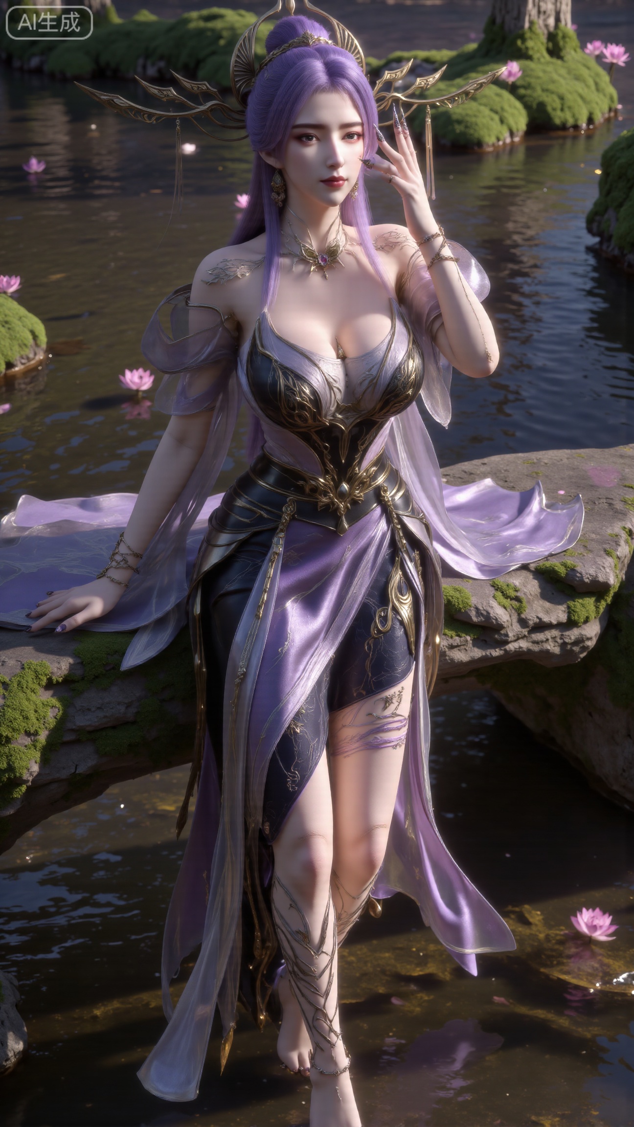 (masterpiece:1.3), ultra-detailed, 8k, photorealistic, best quality, cinematic lighting, volumetric sunlight, soft shadows, subsurface scattering, depth of field, A stunning young woman sits gracefully barefoot on a moss-covered rock beside a crystal-clear stream in a tranquil forest. The sunlight filters through the trees, casting dappled golden light on her smooth skin and the rippling water. She wears an exquisite long dress with fine pink and gold embroidery across the chest and short sleeves. Her long, dark hair flows naturally over her shoulders, softly illuminated by the warm light. Her bare feet touch the cool moss and shallow water, adding a sense of intimacy and realism. One hand rests gently on her hip, while the other holds a blooming lotus flower, her expression calm and serene. Mist rises gently from the water, with reflections dancing on the surface, creating a peaceful, ethereal atmosphere. (background with mossy stones, flowing stream, forest sunlight, soft haze, and gentle reflections:1.6), (realistic skin texture:1.3), (natural color tones:1.3), (film look:1.2) (huge breasts:2.99),(full breasts:2.99),,Xbigbreasts,XbaifengsongyuYH,XliuyuYH2,XanmyXM,XxuanyYH,XruotianzhuqueG,XxuanyiYH,XPolaroidFilmStyle,XtianqiongX,Xqingluo2,XyuqinH