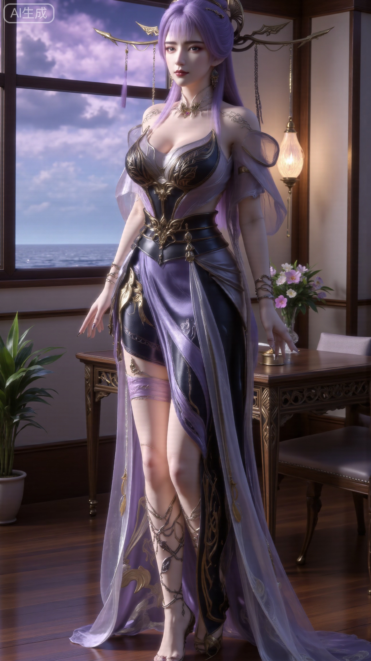 (masterpiece, best quality:1.2),indoors,window,traditional lantern,bare legs,potted plants, long legs,dress,blurry background,motion blur,full body,legs,beautiful detailed eyes,legs,breasts,Detailed eyes,CG rendering,8K resolution,8K quality,Volume light,room,forest,(huge breasts:2.99),(full breasts:2.99),,Xbigbreasts,XbaifengsongyuYH,XliuyuYH2,XanmyXM,XxuanyYH,XruotianzhuqueG,XxuanyiYH,XPolaroidFilmStyle,XtianqiongX,Xqingluo2,XyuqinH