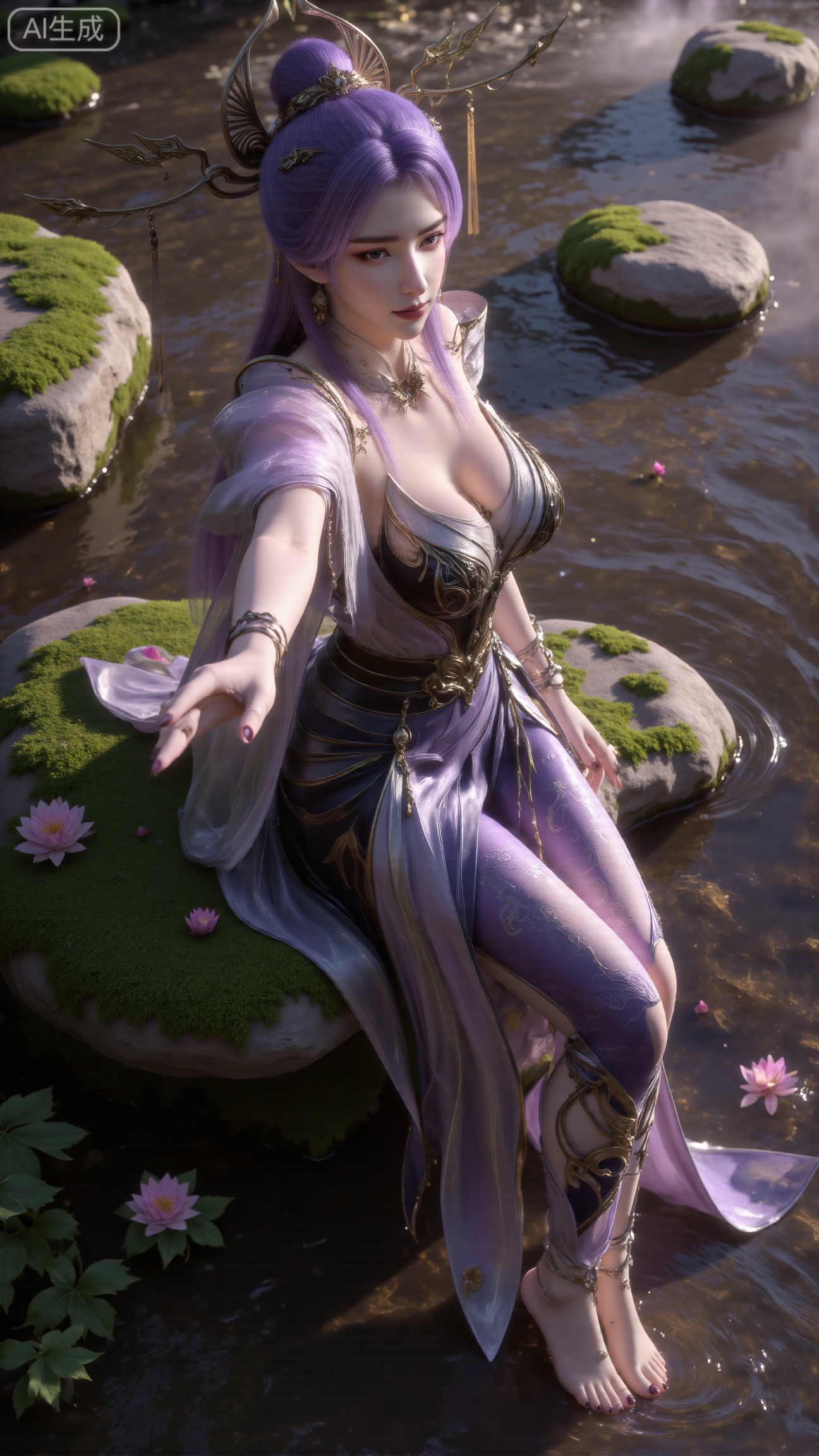 (masterpiece:1.3), ultra-detailed, 8k, photorealistic, best quality, cinematic lighting, volumetric sunlight, soft shadows, subsurface scattering, depth of field, A stunning young woman sits gracefully barefoot on a moss-covered rock beside a crystal-clear stream in a tranquil forest. The sunlight filters through the trees, casting dappled golden light on her smooth skin and the rippling water. She wears an exquisite long dress with fine pink and gold embroidery across the chest and short sleeves. Her long, dark hair flows naturally over her shoulders, softly illuminated by the warm light. Her bare feet touch the cool moss and shallow water, adding a sense of intimacy and realism. One hand rests gently on her hip, while the other holds a blooming lotus flower, her expression calm and serene. Mist rises gently from the water, with reflections dancing on the surface, creating a peaceful, ethereal atmosphere. (background with mossy stones, flowing stream, forest sunlight, soft haze, and gentle reflections:1.6), (realistic skin texture:1.3), (natural color tones:1.3), (film look:1.2) (huge breasts:2.99),(full breasts:2.99),,Xbigbreasts,XbaifengsongyuYH,XliuyuYH2,XanmyXM,XxuanyYH,XruotianzhuqueG,XxuanyiYH,XPolaroidFilmStyle,XtianqiongX,Xqingluo2,XyuqinH