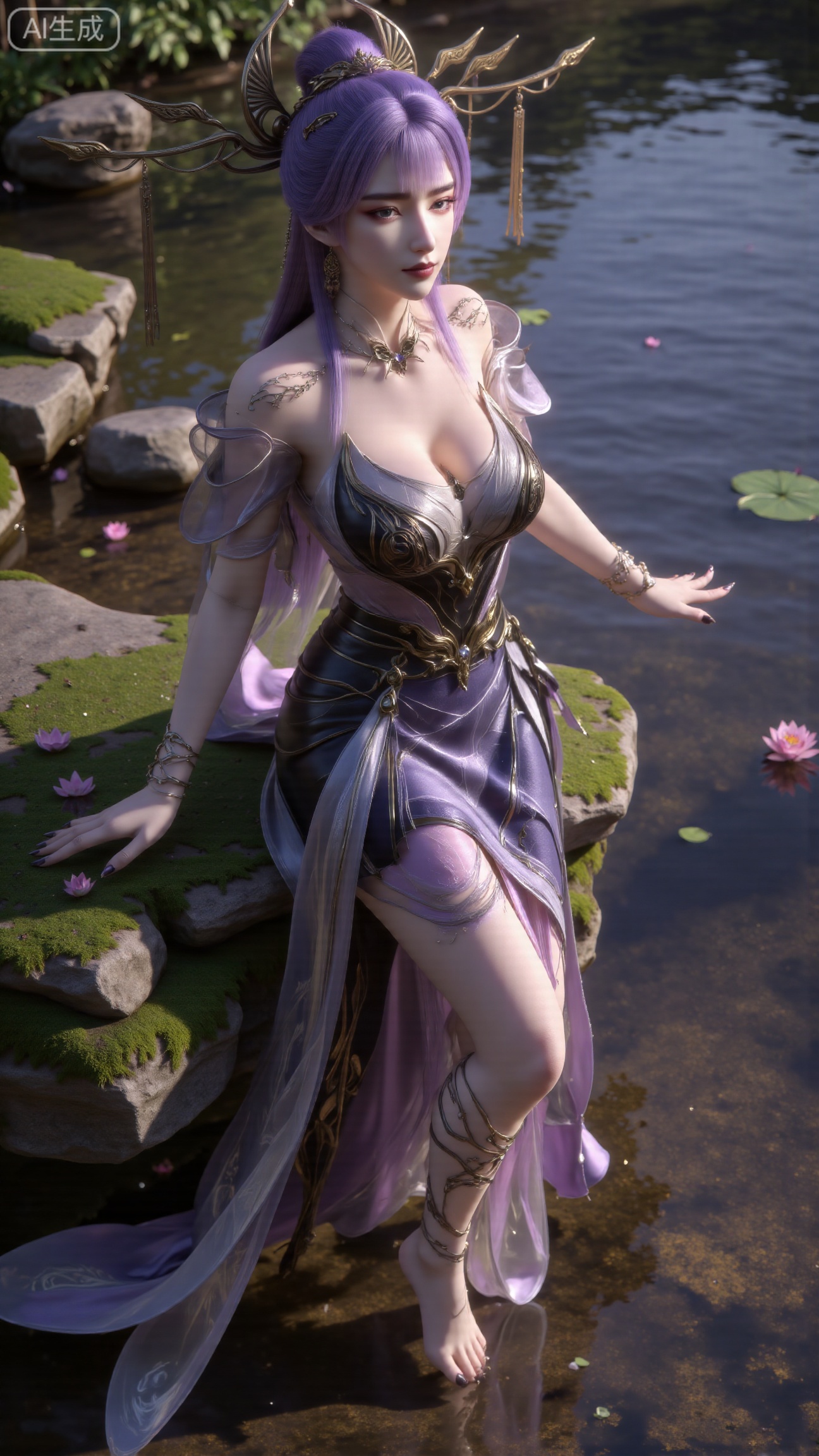 (masterpiece:1.3), ultra-detailed, 8k, photorealistic, best quality, cinematic lighting, volumetric sunlight, soft shadows, subsurface scattering, depth of field, A stunning young woman sits gracefully barefoot on a moss-covered rock beside a crystal-clear stream in a tranquil forest. The sunlight filters through the trees, casting dappled golden light on her smooth skin and the rippling water. She wears an exquisite long dress with fine pink and gold embroidery across the chest and short sleeves. Her long, dark hair flows naturally over her shoulders, softly illuminated by the warm light. Her bare feet touch the cool moss and shallow water, adding a sense of intimacy and realism. One hand rests gently on her hip, while the other holds a blooming lotus flower, her expression calm and serene. Mist rises gently from the water, with reflections dancing on the surface, creating a peaceful, ethereal atmosphere. (background with mossy stones, flowing stream, forest sunlight, soft haze, and gentle reflections:1.6), (realistic skin texture:1.3), (natural color tones:1.3), (film look:1.2) (huge breasts:2.99),(full breasts:2.99),,Xbigbreasts,XbaifengsongyuYH,XliuyuYH2,XanmyXM,XxuanyYH,XruotianzhuqueG,XxuanyiYH,XPolaroidFilmStyle,XtianqiongX,Xqingluo2,XyuqinH