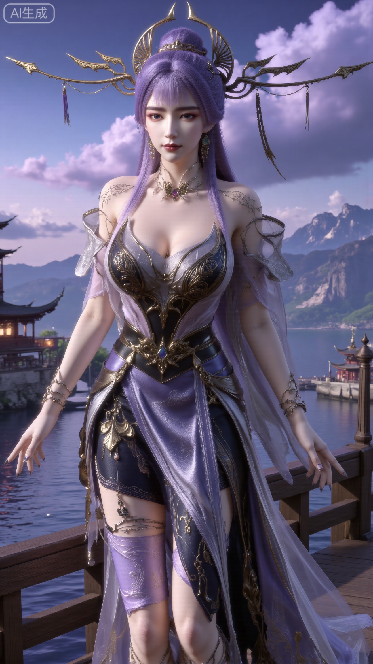 (masterpiece, best quality:1.2),1 girl, solo, long hair, black hair, hair accessories, clothing, cleavage cuts, long dress, jewelry, upper body, earrings. Background is outdoor, sky, clouds, water, trees, architecture, landscape, lantern, mountain, dragon, architecture, bridge, east Asian architecture, fog, pagoda,,(huge breasts:2.99),(full breasts:2.99),,Xbigbreasts,XbaifengsongyuYH,XliuyuYH2,XanmyXM,XxuanyYH,XruotianzhuqueG,XxuanyiYH,XPolaroidFilmStyle,XtianqiongX,Xqingluo2,XyuqinH