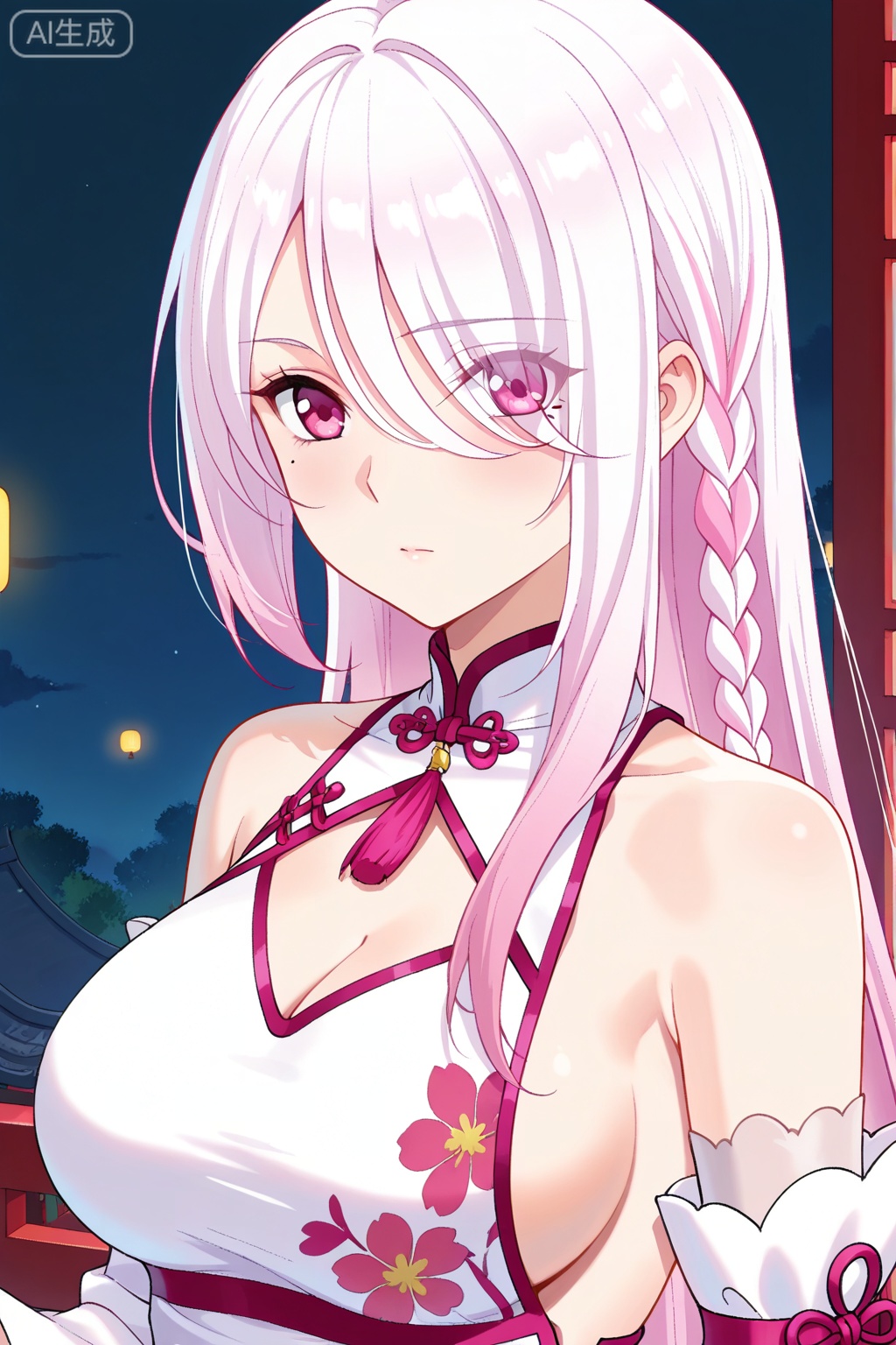 
Random scene,Random scene,
upper body,looking at viewer,
扇轻罗,masterpiece,best quality,official art,extremely detailed CG unity 8k wallpaper,1girl, solo, pink eyes, white hair, pink hair, long hair, bangs, single braid, mole under eye, eyes visible through hair, hair over one eye, hair between eyes,chinese dress, white dress, sideboob, bare shoulders, white thighhighs, garter straps, floral print, side slit, cleavage, bracelete, detached sleeves,