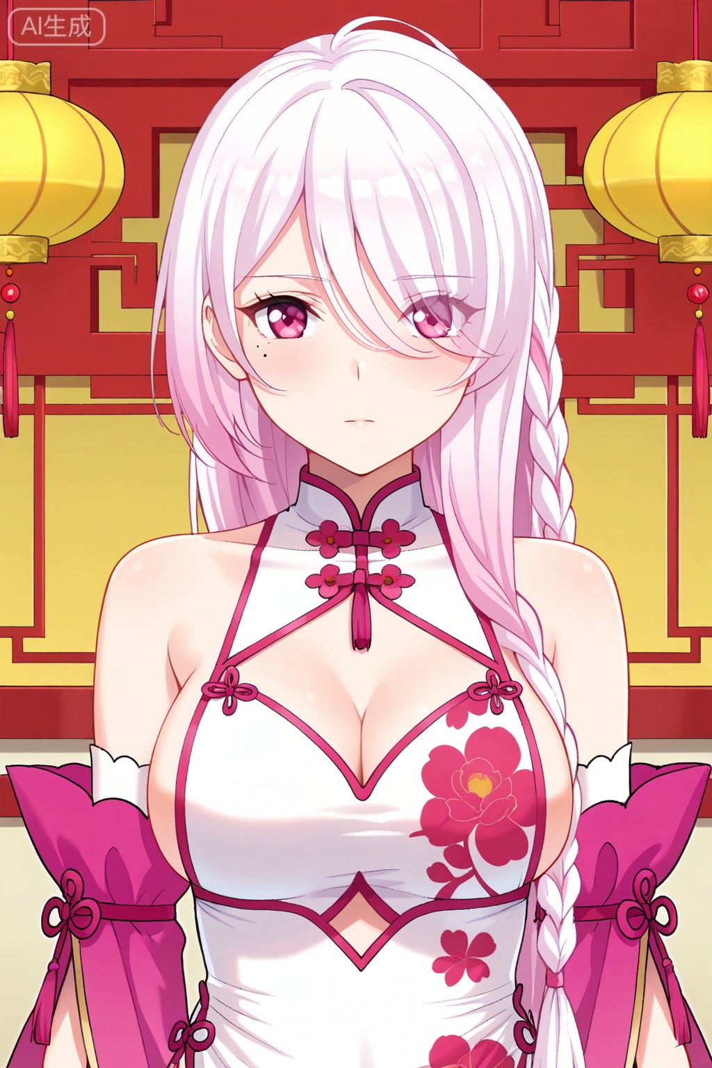 
Random scene,Random scene,
upper body,looking at viewer,
扇轻罗,masterpiece,best quality,official art,extremely detailed CG unity 8k wallpaper,1girl, solo, pink eyes, white hair, pink hair, long hair, bangs, single braid, mole under eye, eyes visible through hair, hair over one eye, hair between eyes,chinese dress, white dress, sideboob, bare shoulders, white thighhighs, garter straps, floral print, side slit, cleavage, bracelete, detached sleeves,