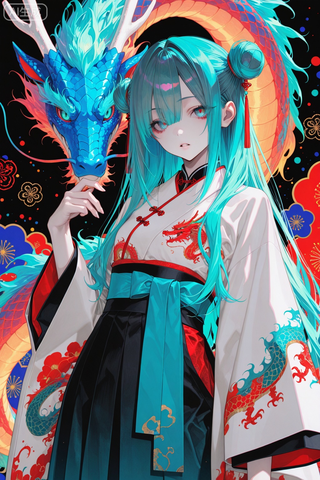 masterpiece, extreme aesthetic,best quality, high quality, extremely detailed CG unity 8k wallpaper, extremely detailed, High Detail, vibrant colors, anime style, cover art, sharp focus,impactful picture,offcial art,Chinese style,Anime national style clothes,Colorful and complex background, masterpiece,best quality,good quality,newest,very aesthetic,absurdres,Visual impact,32K UHD,colorful, 1girl, solo, long hair, eastern dragon, dragon, multicolored hair, double bun, year of the dragon, long sleeves, japanese clothes, wide sleeves, hair bun, parted lips, aqua eyes, blue eyes, aqua hair, chinese zodiac, sash, skirt, hakama, chinese clothes, hand up (wanke:0.8),(mon (monmon2133):0.5),(mochizuki kei:0.95), (tira 27:0.7)