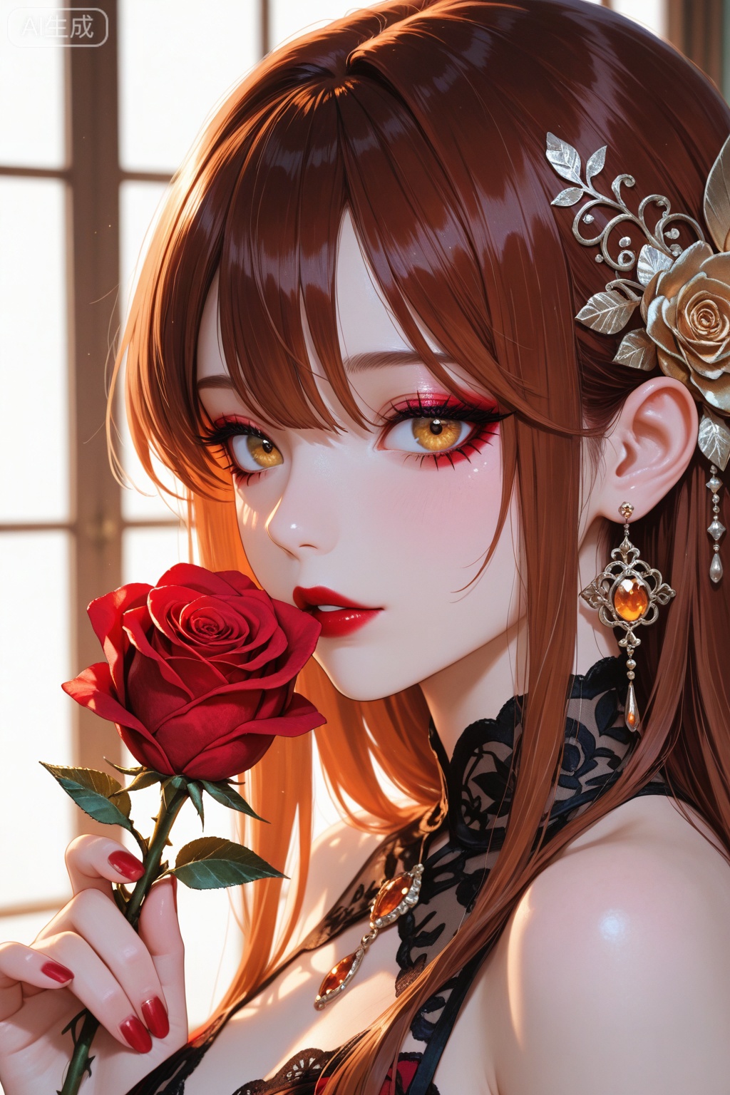 A high-resolution masterpiece illustration of a solo girl with brown hair, wearing a delicate hair ornament and a rose in her hair. She has vibrant makeup and red lipstick. The scene is set in a lush garden with blooming peonies, emphasizing her beauty and elegance. The lighting is soft and natural, creating a warm and inviting atmosphere. The composition focuses on her face and hands delicately holding the rose, with intricate details throughout.