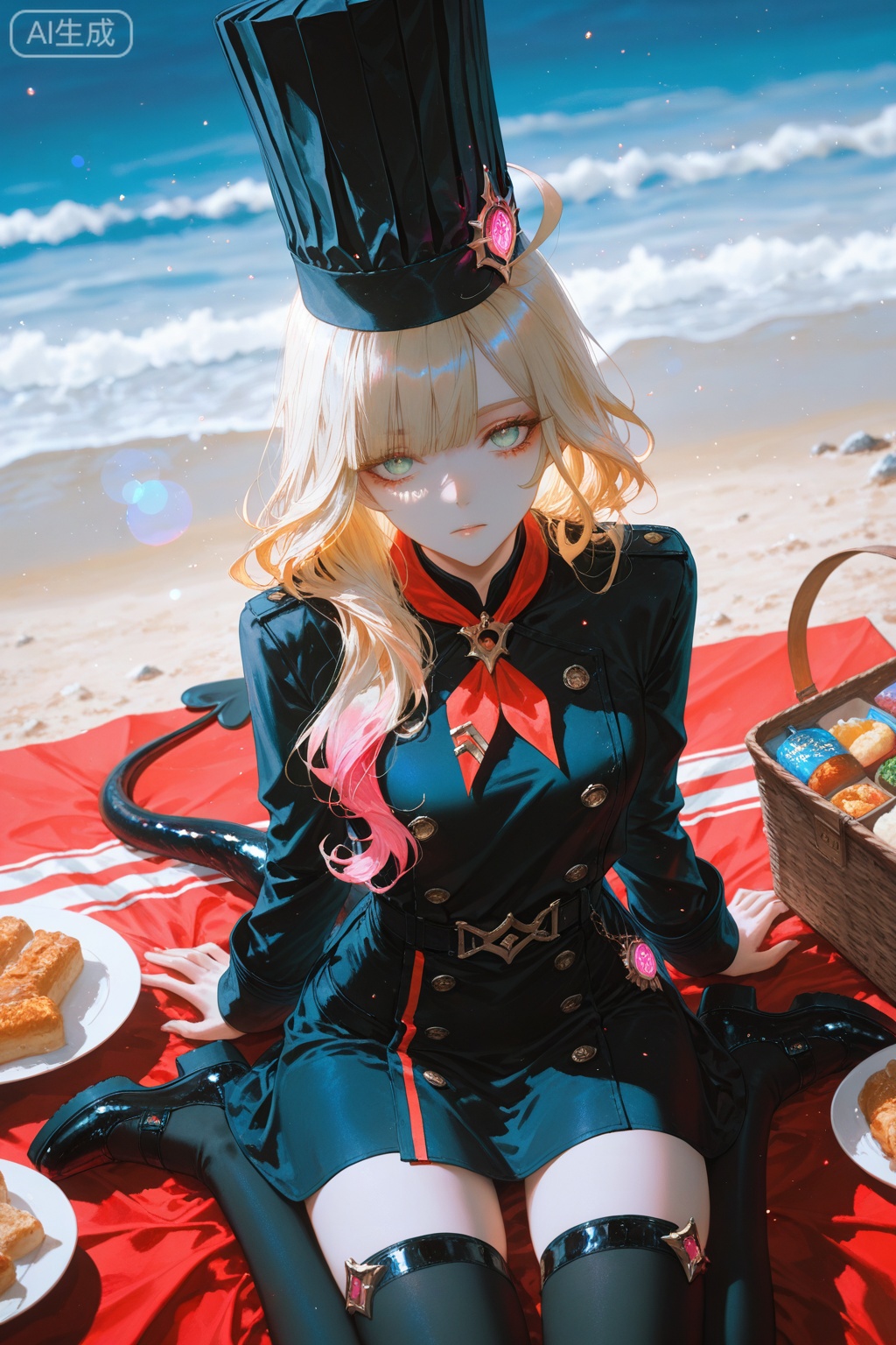 escoffier \(genshin impact\),blonde hair,ahoge,blue eyes,escoffier fake devil tail,long hair,thighhighs,1girl,escoffier chef's hat,clothes: escoffier def white and black dress,depth of field,light particles,lens flare,(artist:quasarcake:0.8),extreme aesthetic,(wlop:0.6),wanke,rella,wanke,masterpiece,best quality,good quality,newest,year 2024,year 2023,very aesthetic,absurdres,Visual impact,Electromotive force,perspective composition,A shot with tension,ultra-high resolution,32K UHD,sharp focus,best quality,masterpiece,Emotionalization masterpiece,unconventional supreme,masterful details,with a high end texture,in the style of fashion photography,(Visual impact:1.2),giving the poster a dynamic and visually striking appearance,impactful picture,offcial art,colorful,splash of color,movie perspective,masterpiece,best quality,amazing quality,very aesthetic,absurdres,best quality,newest,best quality,masterpiece,Emotionalizatior,masterpiece,unconventional,
supreme,masterful details,with a,high end texture,in the style of,fashion photography,(Visual clot.... impact:1.2),giving the poster a,dynamic and visually striking,appearance,impactful picture,offcial,art,colorful,splash of color,movie,perspective,masterpiece,best,quality,amazing quality,very,aesthetic,absurdres,best,quality,newest,best,quality,1girl,solo,green eyes,blonde,hair,long hair,in spring,over the,sea,cowboy_shot,looking_at_viewer,close-,up,solo_focus,face_focus,eyes_focus,from_above,dynamic_angle,kind_**,ile,wariza,picnic,blanket,food,available,