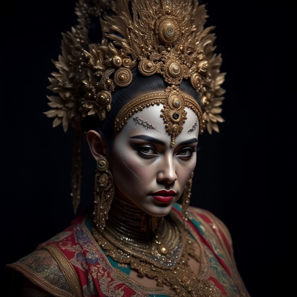 A regal female mix balinese and Thai dancer style,  adorned in elaborate traditional attire,  strikes a dramatic pose with...
