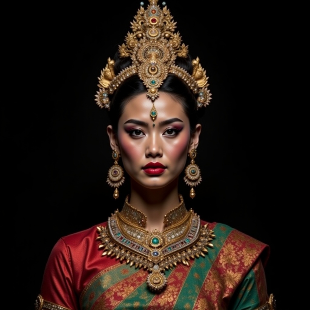 A regal female mix balinese and Thai dancer style,  adorned in elaborate traditional attire,  strikes a dramatic pose with...