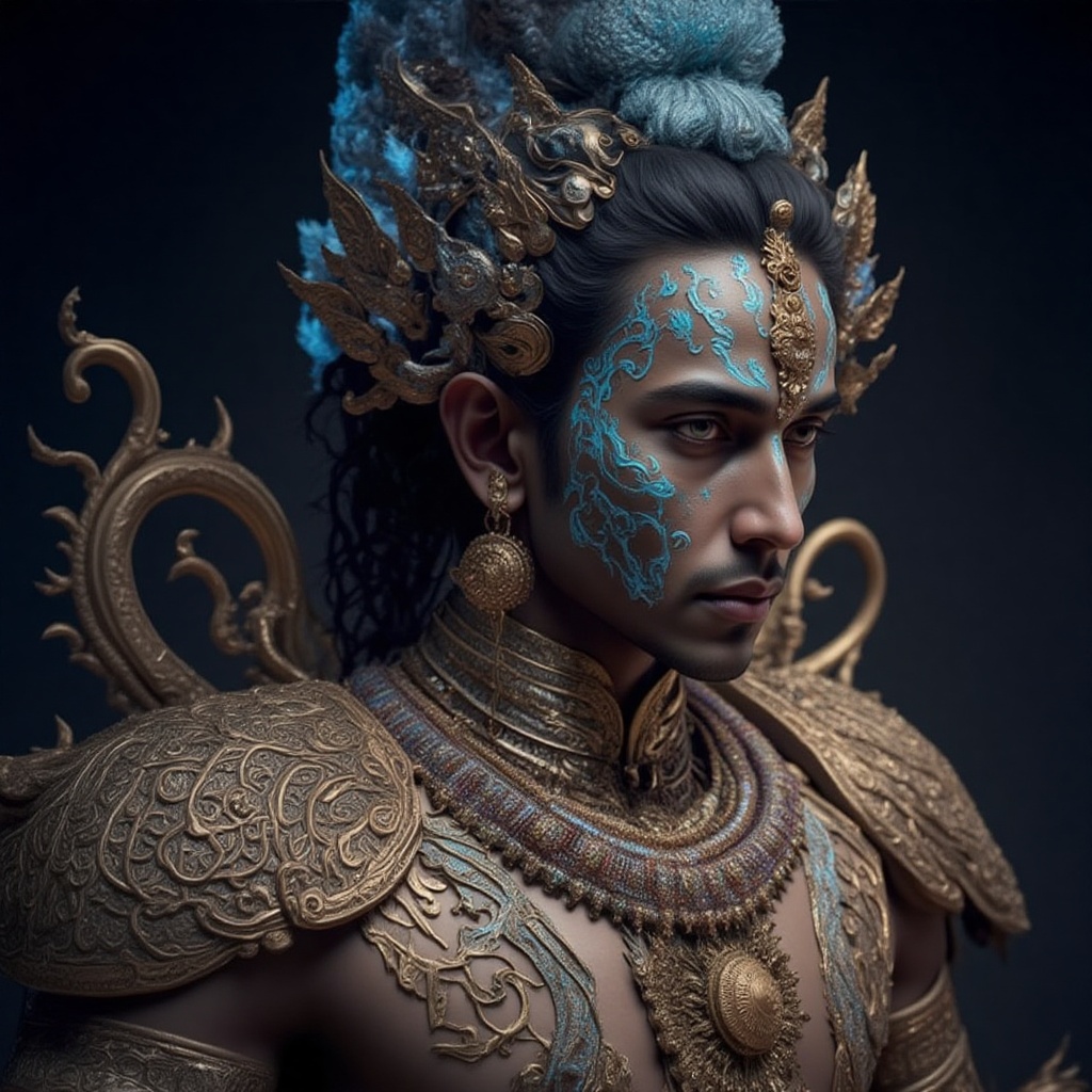 Arjuna,  a surreal full body Balinese-inspired cosmic warrior played by Mxztra,  hybrid armor blending golden fractal meta...