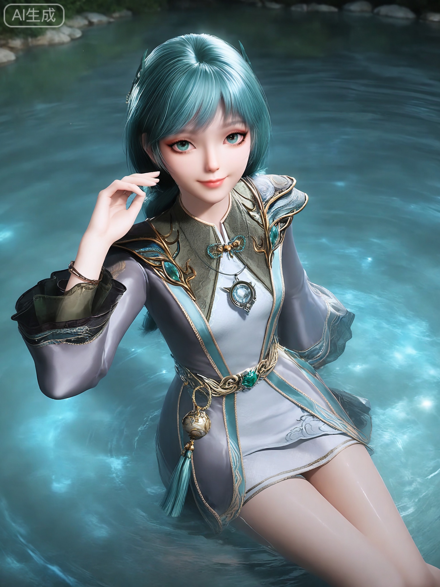 score_9,score_8_up,score_7_up,masterpiece,(best quality),(intricate details:0.9) BREAK (intricate details:0.9),(realistic skin:1.2),masterpiece,best quality,newest,absurdres,hiahres,1girl,solo,jewelry,hair ornament,long hair,dress,necklace,lips,eyeshadow,bracelet,tassel,(8k ultra-clear, pony style),photo pose 0.6, micro-expression: soft smile 0.3, half-body + medium shot 0.7,1girl,solo.looking_at_viewer,realistic,photorealistic,Vivid Colors,bright environment,shiny skin,shiny hairjewelry,detail eyes,Eyes highlights,glowing,sunshine,bright,reflection,bright,sunshine on face,shiny,shinny,petite,thin,leg slimming,lose weight,slim hips,lakeside,delicate water,reflection,(full body:0.8)sitting_down,eyelashes,